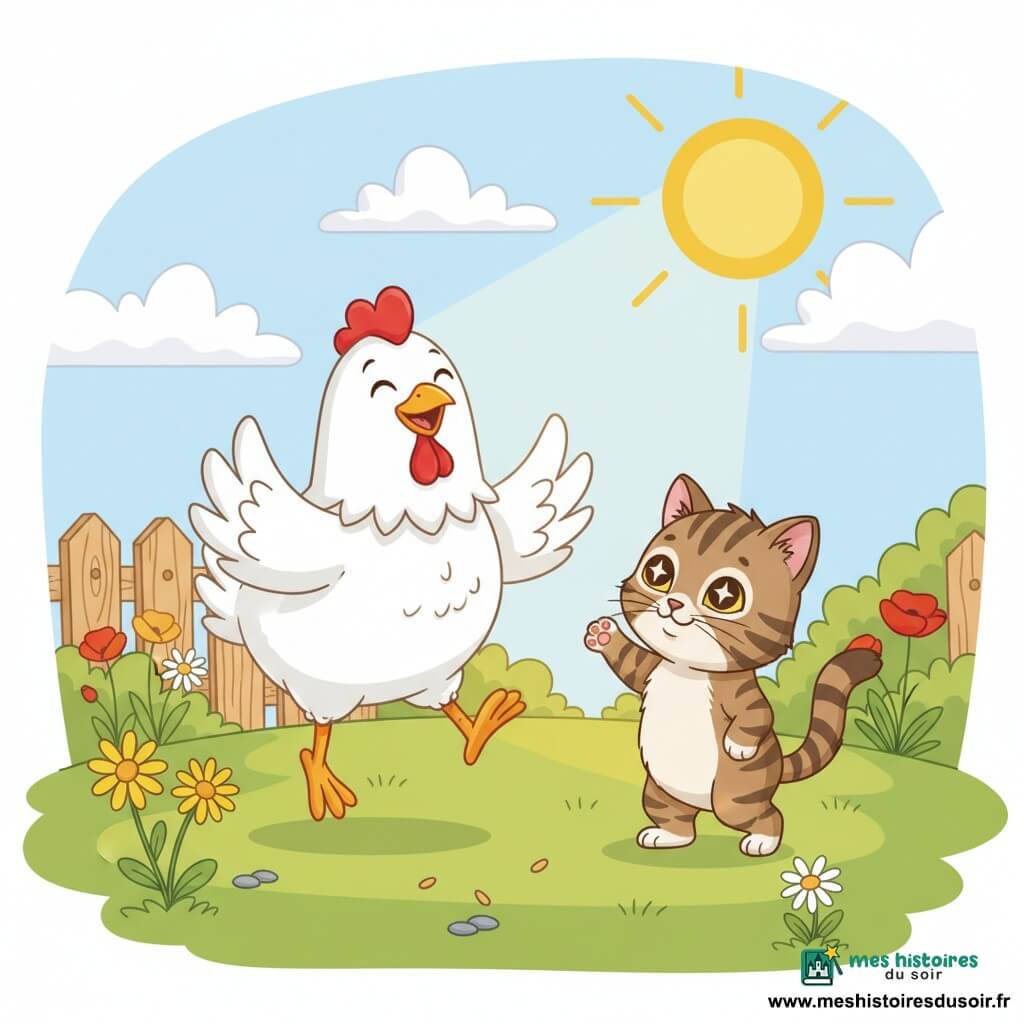 Poupette, une poule blanche joyeuse aux ailes légèrement relevées et au petit peigne rouge, fait un petit bond pendant que Moustique, un petit chat tigré aux yeux brillants et à la queue dressée, se tient sur ses pattes arrière en imitant sa danse dans un jardin ensoleillé à l'herbe verte parsemée de marguerites et de coquelicots, graines au sol, clôture en bois clair et ciel bleu pâle avec soleil jaune et nuages moelleux; ambiance douce, gaie et couleurs vives.