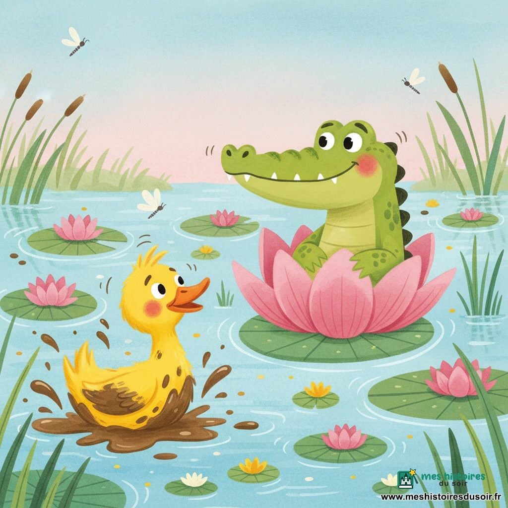 Un crocodile vert au large sourire et joues rosées se cache derrière un grand nénuphar rose (on ne voit que sa tête et ses pattes), tandis qu'un canard jaune au bec orange et poitrine boueuse émerge d'une flaque à gauche en le regardant avec étonnement amusé ; le marais coloré (eau bleu clair, nénuphars verts et roses, hautes herbes, libellules et fleurs flottantes) baigne dans un ciel pastel doux, la scène, simple et aux formes rondes, évoque un cache-cache joyeux avec éclaboussures et rires.
