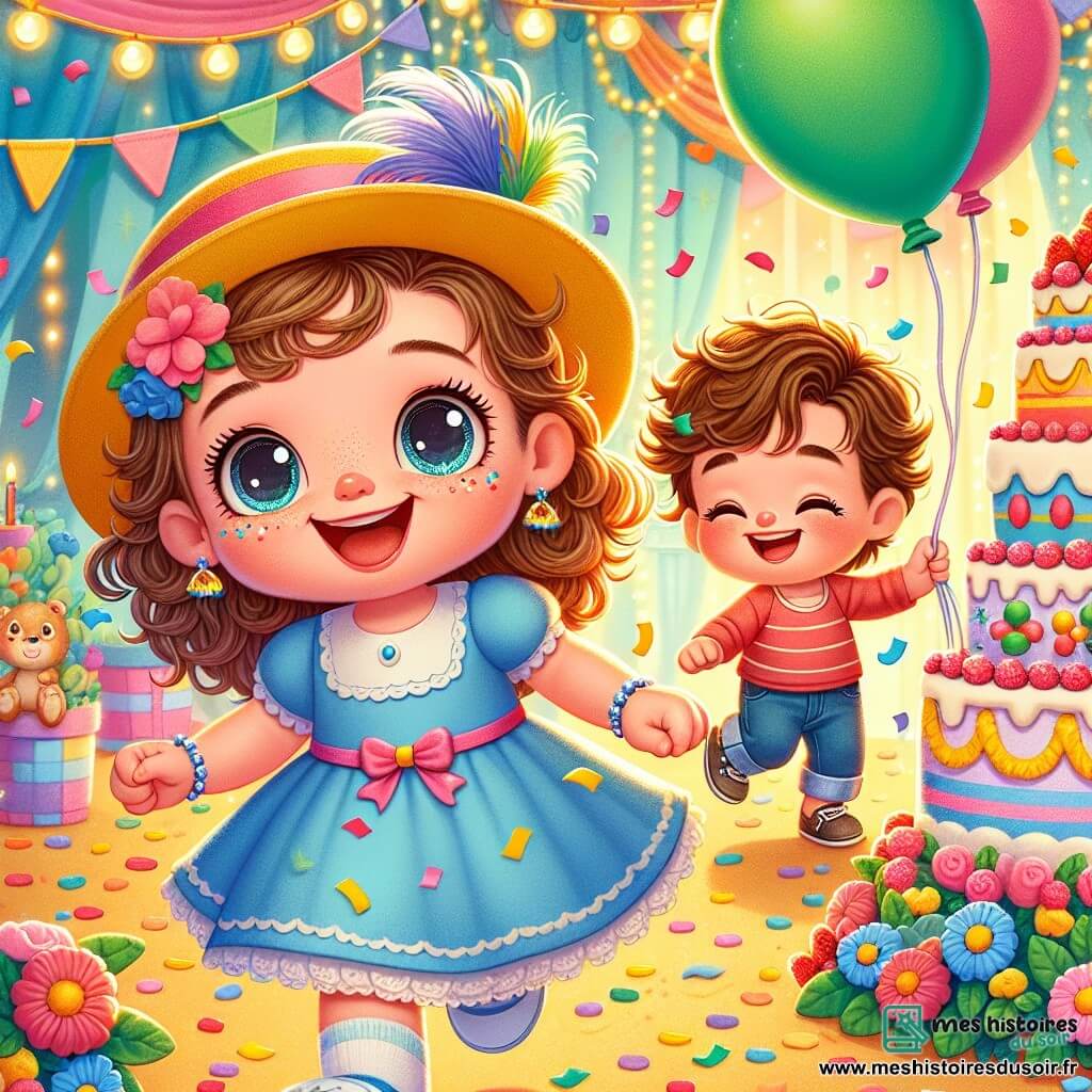 Lucie, une petite fille de 2 ans aux grands yeux et cheveux bouclés, porte une robe bleue et un chapeau jaune. Elle danse joyeusement, souriante, entourée de confettis. À côté, Tom, un garçon de 3 ans avec des cheveux bruns en bataille et une chemise rouge, rit en jouant avec des ballons, tenant un ballon vert vif. Le décor est un carnaval animé avec des stands décorés, des fleurs éclatantes et des lumières scintillantes. Des enfants dansent autour d'eux, créant une atmosphère festive. Lucie suit un petit oiseau bleu qui vole vers un gros gâteau décoré, révélant une surprise pour tous.