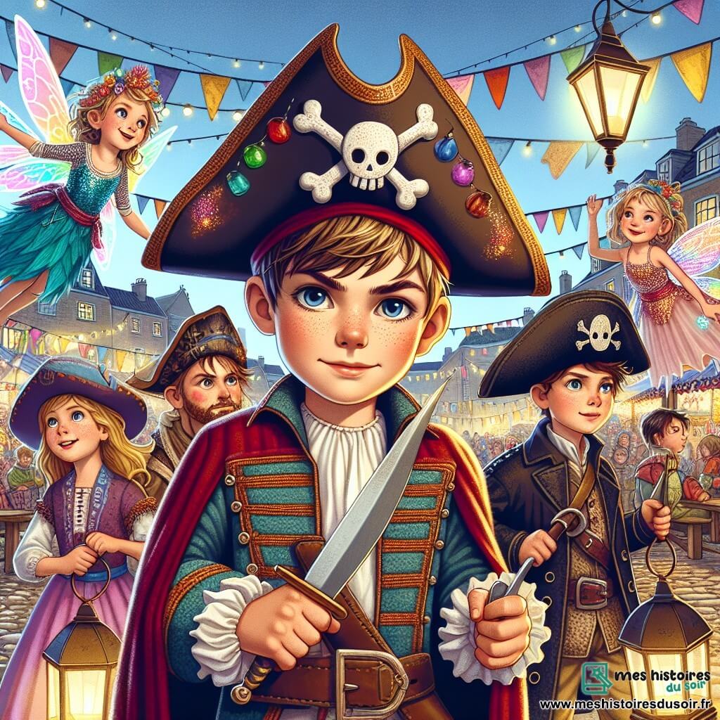 Max, un garçon de 12 ans en costume de pirate fait maison, se tient déterminé au centre de la scène, brandissant un sabre en carton. À ses côtés, Lucie, 11 ans, déguisée en fée, vole légèrement avec ses ailes scintillantes et une baguette magique en plastique. Paul, également 12 ans, en armure de chevalier, observe la scène avec courage et une épée en bois. Le décor est une place de village animée, ornée de lanternes et de bannières, où des enfants et des adultes dansent joyeusement. Ils font face à une silhouette mystérieuse en noir, menaçant de voler la joie du carnaval, et Max est prêt à défendre la magie de cette journée, éclairé par la lumière des lanternes.