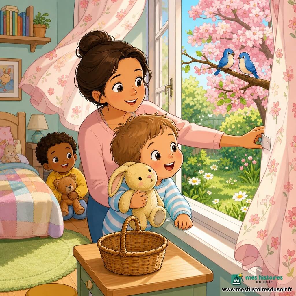 Un garçon de 2 ans, joufflu, yeux écarquillés et souriant, cheveux châtain clair courts, en pyjama rayé bleu et blanc, serre contre sa joue un doudou lapin jaune usé au nez brodé rose et regarde la fenêtre grande ouverte ; sa mère d'environ 30 ans, cheveux bruns en chignon, souriante et douce, ouvre la fenêtre derrière lui et un petit panier en osier repose sur la table ; la chambre, petite et chaleureuse, a un lit aux couvertures pastel, un tapis vert pâle et des étagères basses avec des livres colorés, des rideaux légers à fleurs roses flottent laissant entrer une lumière matinale dorée ; dehors, un jardin printanier avec herbe verte, marguerites blanches, un cerisier en fleurs roses et deux oiseaux bleus sur une branche ; scène centrée sur les personnages : l'enfant, émerveillé, se penche vers la fenêtre prêt à découvrir le printemps tandis que la mère reste proche et protectrice ; style graphique : traits ronds, contours nets et couleurs pastel vives, expressions lisibles pour un enfant de 2 ans.