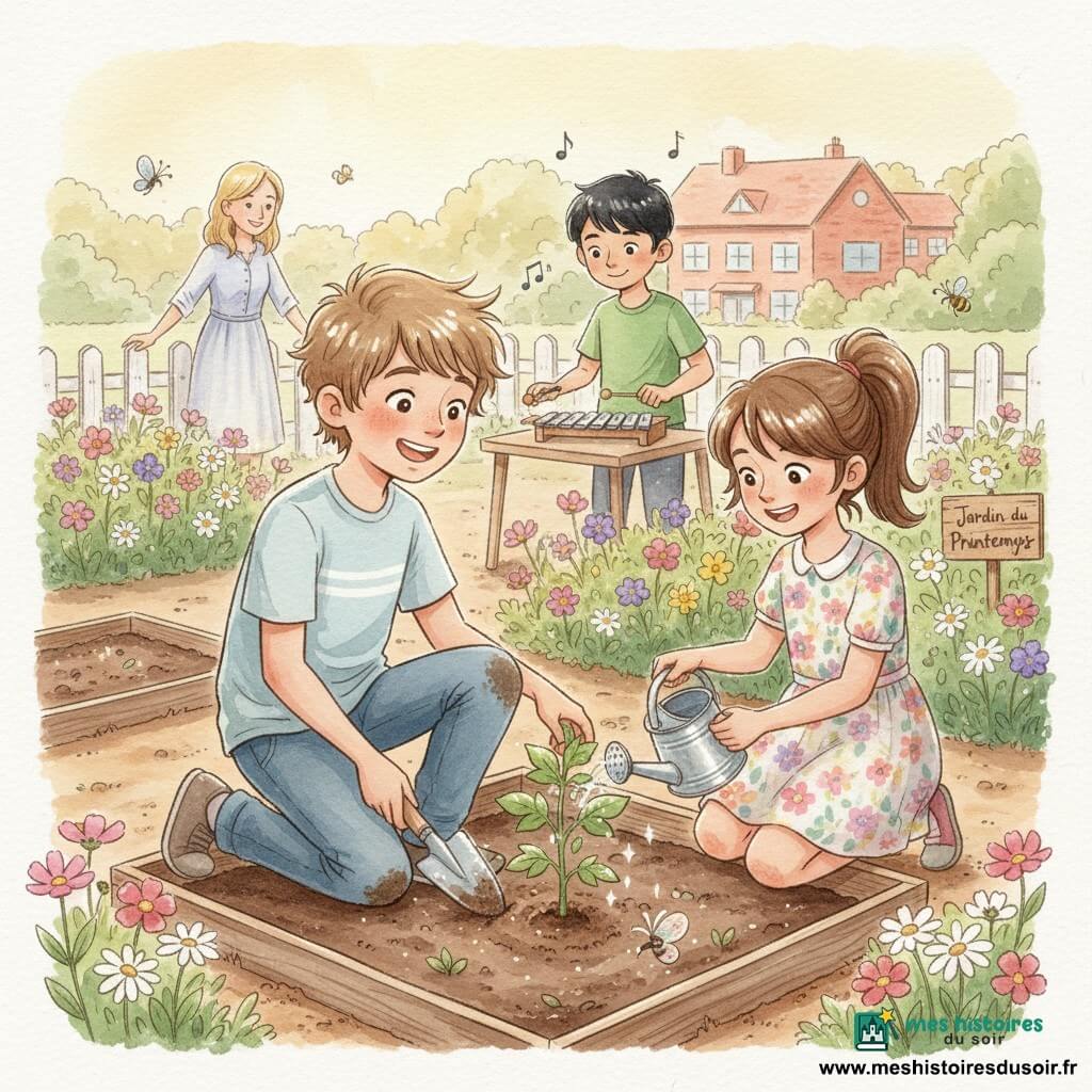 Lucas, garçon de 12 ans, cheveux châtain clair en bataille, rayonnant et émerveillé, tient une petite pelle en bois et plante une jeune tomate dans un carré de terre; à sa droite, Léa, 11 ans, queue de cheval et robe à fleurs, l’arrose doucement avec un arrosoir en métal; en retrait, Paul, 12 ans, cheveux noirs et t-shirt vert, joue d’un petit xylophone en bois sur une table; leur mère, trentaine, souriante, observe depuis la barrière du jardin scolaire derrière l’école en briques rouges; allées de terre, bordures en planches, massifs de fleurs sauvages, quelques papillons et une abeille, et un panneau «Jardin du Printemps»; ambiance d’après-midi de fête du printemps, lumière chaude, ombres douces, aquarelle aux pastels modérés avec textures mouillées et contours délicats au stylo gel blanc, composition centrée sur Lucas.