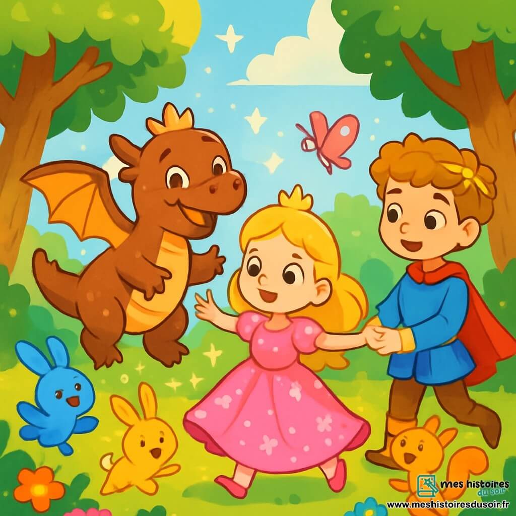 La princesse Lila, aux longs cheveux dorés et aux yeux brillants, se tient au centre d'une clairière enchantée. Elle porte une robe en satin rose ornée de fleurs scintillantes et danse, rayonnante de joie. À ses côtés, Rondo, un dragon au pelage chocolat et aux yeux doux, bat des ailes avec enthousiasme. Un jeune prince, d'environ dix ans, avec des cheveux bouclés et une couronne de feuilles d'or, lui tend la main. La clairière est baignée de lumière dorée, entourée d'arbres majestueux et de fleurs colorées, tandis que des créatures magiques dansent autour d'eux, célébrant leur amitié et la magie de la forêt sous un ciel bleu.