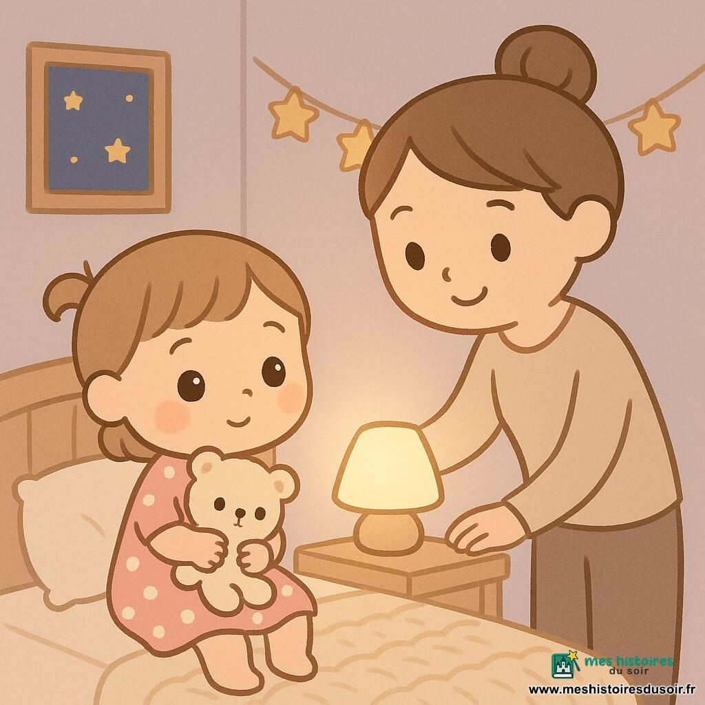 Petite fille de 2 ans au visage rond et grands yeux, timide mais rassurée, tient un doudou ours écru en peluche et est assise au bord d'un lit en robe rose à pois blancs; sa mère d'environ 30 ans, cheveux châtain en bun et sourire doux, allume une petite lampe sur la table de chevet et se penche vers elle. Chambre petite et chaleureuse aux murs lavande, couverture crème, guirlande d'étoiles au-dessus du lit, fenêtre sur un ciel étoilé; la lampe diffuse une lumière chaude créant des ombres douces, ambiance calme et sécurisante.