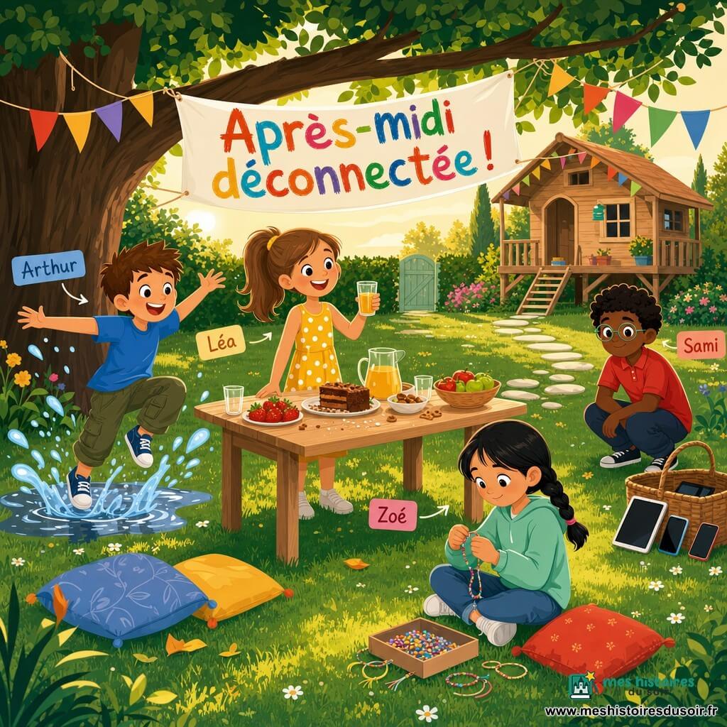 Quatre enfants dans un jardin sous un grand arbre : Léa au centre en robe jaune à pois blancs tenant un verre de jus et souriant, Arthur qui saute dans une flaque près du coin gauche avec des éclaboussures, Zoé assise à droite sur l’herbe en train d’enfiler un bracelet d’amitié, Sami accroupi près d’un panier à l’entrée où sont posés une tablette et deux téléphones, mains sur les genoux; une table en bois clair décorée de fruits et gâteaux, une banderole colorée accrochée entre deux branches indiquant Après-midi déconnectée !, herbe verte, coussins et chemin en pierres blanches menant à une cabane, ambiance de goûter en plein air en fin d’après-midi, atmosphère joyeuse et palette de couleurs vives.