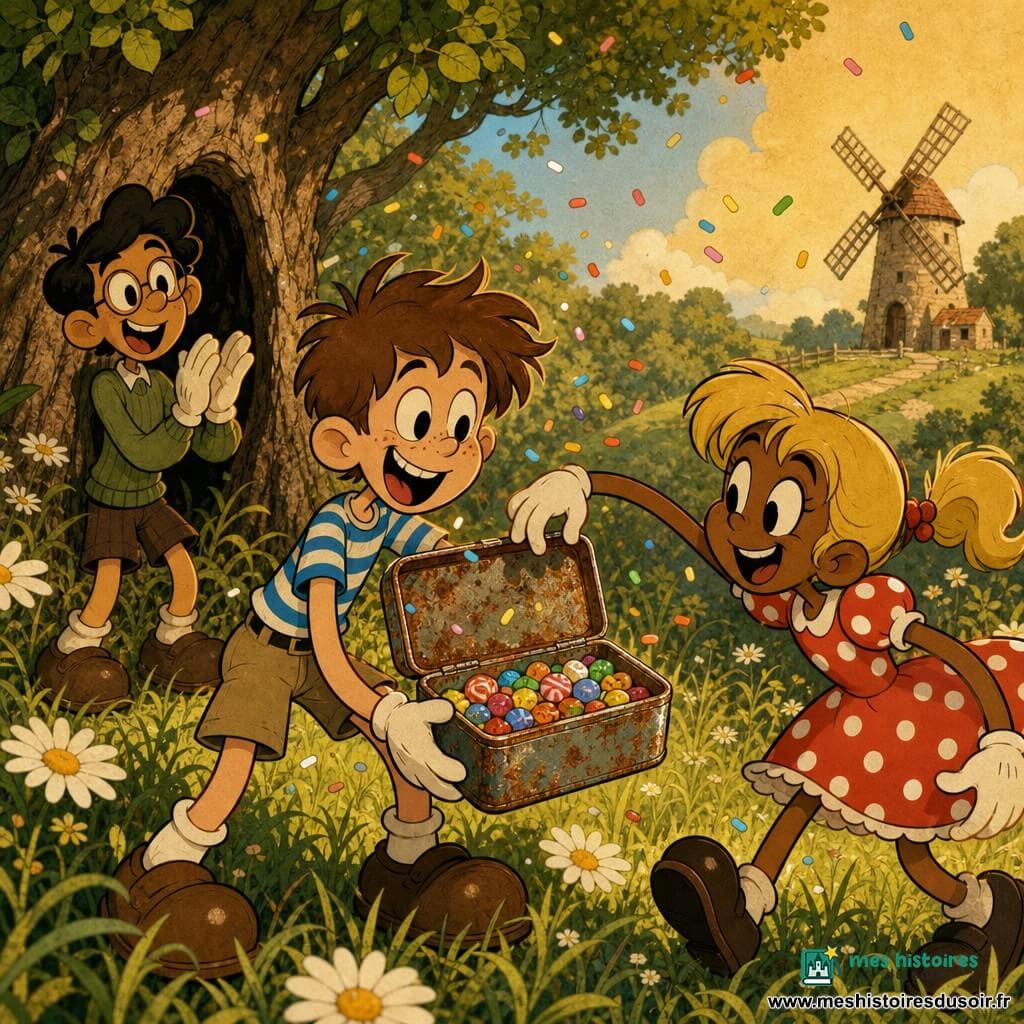 Un garçon de 10 ans, joyeux et malicieux, cheveux bruns en bataille et taches de rousseur, porte un t-shirt rayé bleu et short kaki et brandit une vieille boîte en métal rouillée remplie de bonbons multicolores ; à sa droite une fille d'environ 9 ans, souriante et curieuse, cheveux blonds en couettes et robe à pois rouges, se penche pour prendre un bonbon ; en arrière-plan, un garçon de 11 ans, grand, lunettes rondes et pull vert, applaudit près d'un arbre creux ; scène dans une clairière ensoleillée d'une forêt verte, herbe haute et marguerites, vieux moulin au loin, lumière chaude et ombres douces, ambiance joyeuse et espiègle autour du "trésor" de bonbons dans un trou au pied de l'arbre, style visuel aux lignes souples, formes rondes, couleurs saturées rétro, texture papier grain léger, expressions exagérées et poses dynamiques.