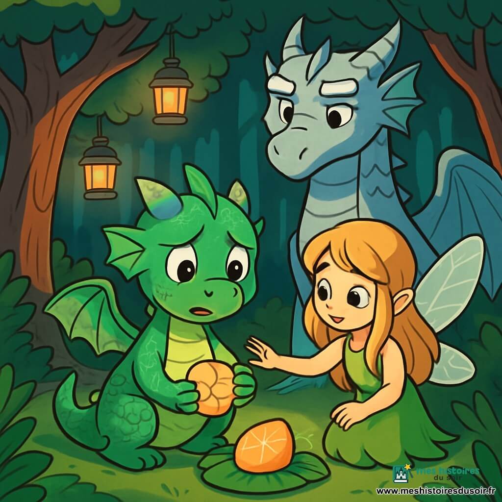 Un petit dragon nommé Luminor, aux écailles vertes scintillantes et aux ailes délicates, se tient au centre d'une clairière, inquiet et timide, tenant une pierre fendue qui émet une douce lueur. À ses côtés, Perle, une petite fée des fougères aux ailes transparentes, l'observe avec curiosité et lui tend une main réconfortante. En arrière-plan, Grand Aïlin, un grand dragon sage aux écailles argentées, se tient majestueusement, prêt à écouter. La scène se déroule dans une clairière enchantée, entourée d'arbres noueux et de lanternes qui illuminent l'atmosphère. Luminor, confiant son mensonge à ses amis, ressent peur et soulagement, tandis que la pierre, posée sur une feuille de nénuphar, brille doucement au milieu des rires et murmures des autres habitants de la vallée.