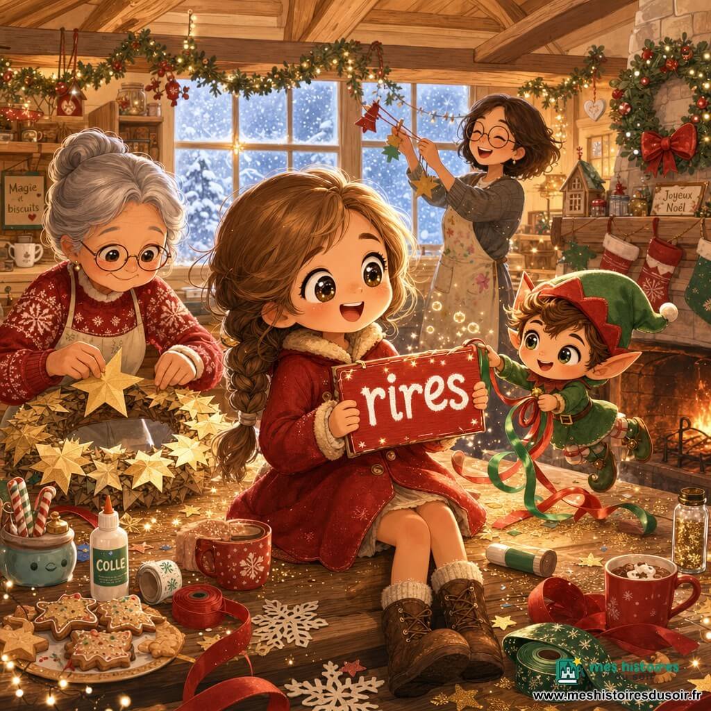 Lila, 10 ans, visage rond et yeux brillants, cheveux châtain clair en tresse, manteau rouge et bottines, tient un petit panneau rouge inscrit "rires" au centre d'une grande table décorée ; un petit lutin aux oreilles pointues flotte au-dessus en tenant des rubans colorés, une grand-mère d'environ 65 ans colle une étoile en papier sur la couronne à gauche de Lila et la maîtresse d'une trentaine d'années, lunettes et tablier taché, rit en suspendant une guirlande près de la fenêtre ; la scène se déroule dans une cuisine chaleureuse aux poutres apparentes, table couverte de paillettes, biscuits, colle et flocons de papier, cheminée fumante et fenêtre givrée montrant la neige, ambiance cosy et festive, couleurs chaudes (rouge, vert, or) avec touches pastel.