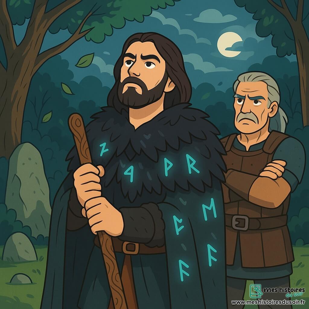 Un homme nommé Sigvard se tient au centre de la scène, avec un regard déterminé. Il a des cheveux longs et bruns, une barbe soignée, et porte un manteau en fourrure sombre orné de runes. Il tient un bâton sculpté et lève légèrement la tête comme s'il écoutait des murmures. À ses côtés, le jarl Ulf, un homme robuste d'environ 50 ans avec des cheveux gris et une armure en cuir, observe Sigvard avec inquiétude, les bras croisés. Ils se trouvent dans une clairière entourée d'arbres sous un ciel nuageux, où des pierres anciennes sont disposées en cercle, témoignant de rituels passés. Sigvard est prêt à révéler un secret ancien pour apaiser les tensions entre les clans, tandis que le vent fait danser les feuilles, créant une atmosphère mystique.