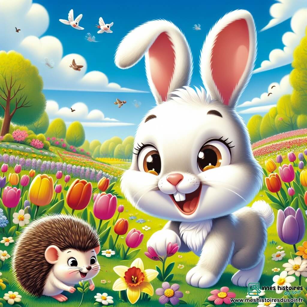 Un lapin nommé Léo, aux grandes oreilles et au pelage blanc, saute joyeusement à travers un champ de fleurs colorées, souriant et excité par les tulipes et jonquilles. À proximité, Chloé la souris, mignonne avec son pelage brun, observe les fleurs en tenant une petite fleur dans ses pattes. Max le hérisson, avec ses piquants bruns, gratte le sol, concentré sur son petit coin de jardin. Le lieu est un vaste champ ensoleillé, sous un ciel bleu avec des nuages blancs, bordé d'arbres verdoyants et où des oiseaux chantent. Léo et ses amis découvrent la beauté du printemps, prêts à planter des graines et célébrer cette saison magique.