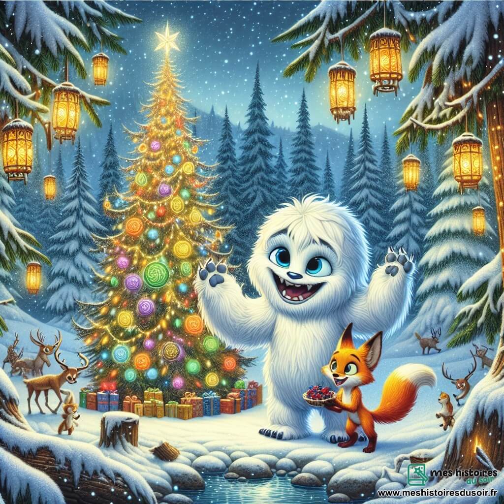 Dans une forêt enchantée, un jeune Yéti nommé Nivor, avec sa fourrure duveteuse et ses grands yeux bleu clair, se tient joyeusement au milieu d'une clairière enneigée, décorant un sapin majestueux avec des lanternes colorées. À ses côtés, un renard rusé nommé Féroce, au pelage roux éclatant, sourit tout en tenant une tarte aux baies, prêt à partager sa friandise. La clairière, entourée d'arbres majestueux recouverts de neige scintillante, est baignée d'une atmosphère féerique avec des flocons tombant doucement. Nivor et Féroce préparent le festival hivernal, entourés de magie et d'amitié, prêts à célébrer l'hiver avec leurs amis de la forêt.