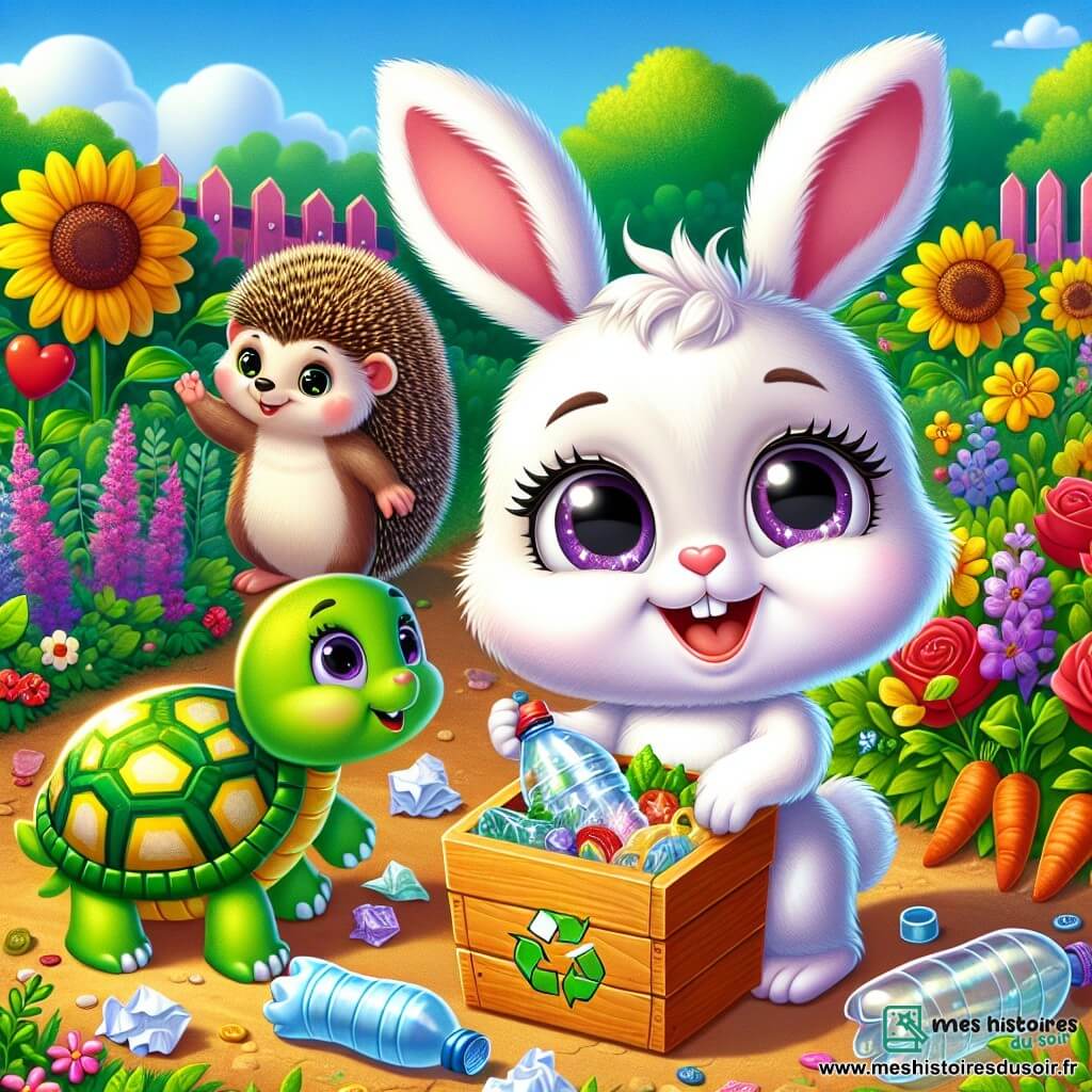 Au centre de l'image, Lila, une petite lapine aux grandes oreilles et à la fourrure blanche, sourit en tenant un bac de recyclage en bois coloré, rempli de déchets triés. À sa droite, Timmy, un hérisson aux piquants dorés, admire Lila tout en tenant une bouteille en plastique qu'il a ramassée. À gauche, Bella, une tortue à la carapace verte, se penche pour ramasser des papiers froissés, déterminée à aider. Le jardin luxuriant est rempli de fleurs colorées et de légumes. La scène montre Lila et ses amis nettoyant le jardin, riant et s'amusant, sous un soleil éclatant.