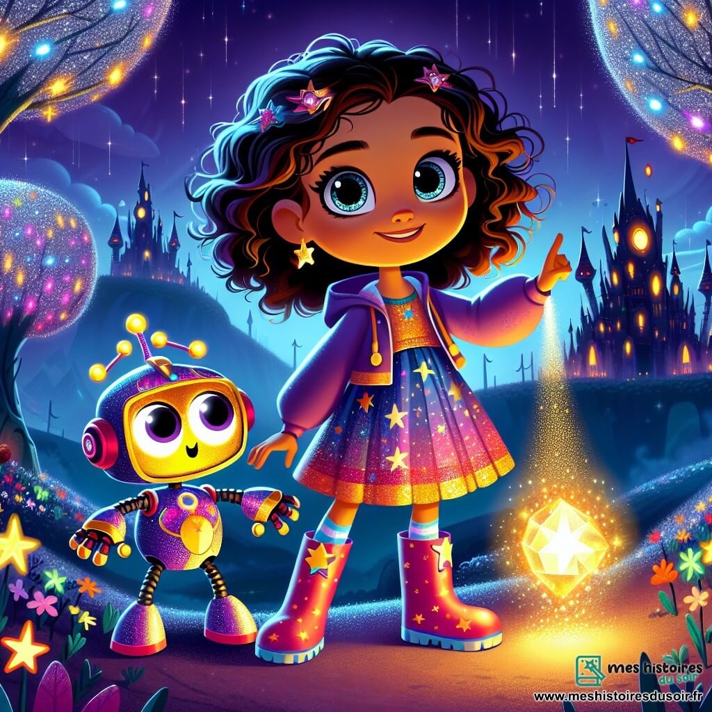 Lila, une fille de 8 ans aux yeux pétillants et aux cheveux bouclés, se tient au centre de l'image, souriante. Elle porte une robe colorée avec des motifs d'étoiles et des bottes en caoutchouc, tenant un cristal lumineux émettant une douce lueur dorée. À ses côtés, Zappy, un robot à trois bras aux couleurs vives, flotte légèrement au-dessus du sol, exprimant une amitié et pointant vers un château sombre au loin. Le décor est un royaume interstellaire avec un ciel violet parsemé d'étoiles, des arbres scintillants aux feuilles argentées et des fleurs multicolores. En arrière-plan, le château de Malgorr se dresse avec ses murs sombres, enveloppé d'une brume mystérieuse. Lila et Zappy sont prêts à affronter le sorcier Malgorr, tandis qu'une lumière éclatante émane du cristal, illuminant la scène.