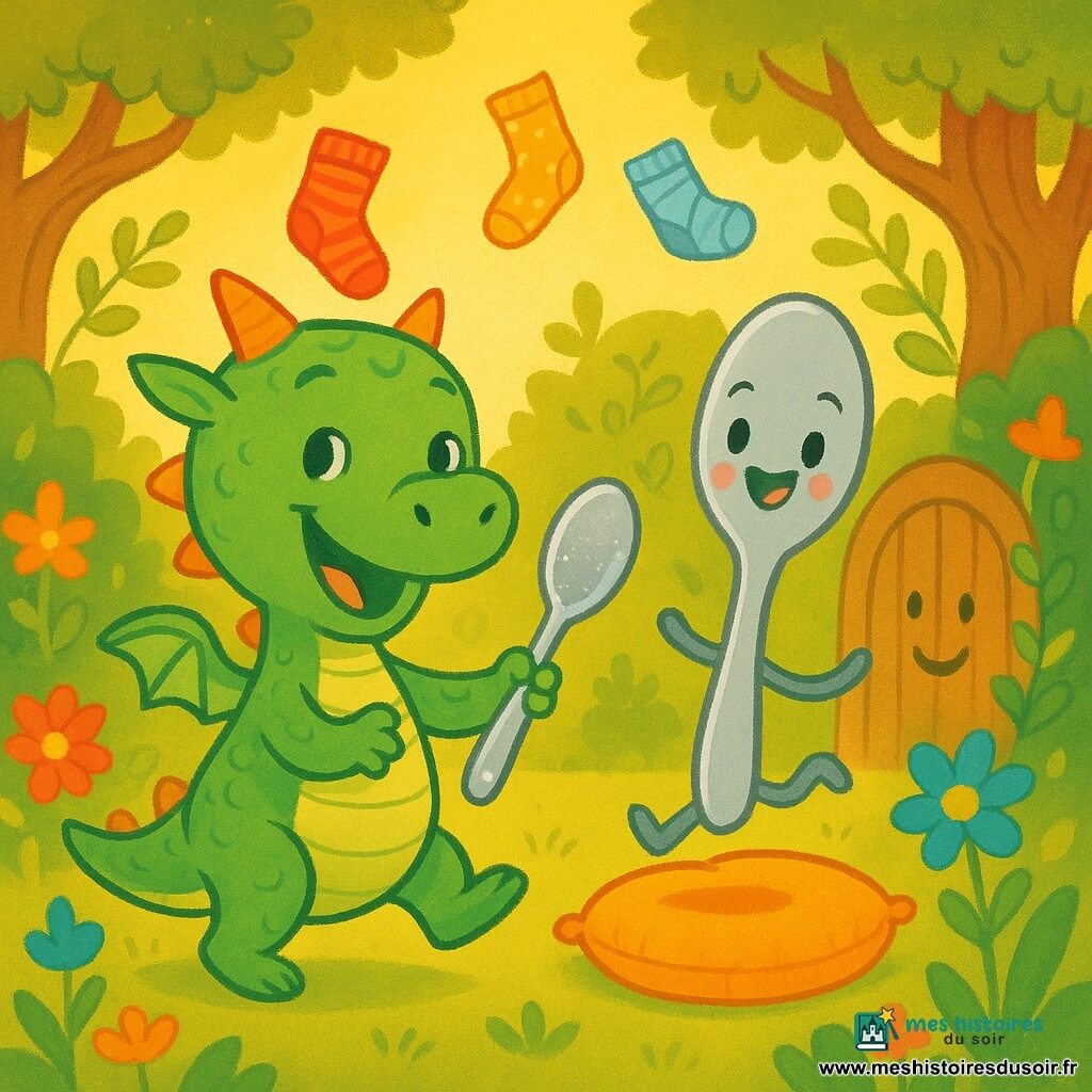 Un petit dragon nommé Pip, avec des écailles vertes et des yeux doux, rit joyeusement en tenant une cuillère scintillante. Il a un grand sourire et semble curieux, dansant sur ses petites pattes. À côté de lui, une cuillère animée, souriante, saute gaiement sur un coussin moelleux. Le décor est un jardin enchanté, rempli de fleurs colorées et de grands arbres, avec une porte en bois souriante entourée de lianes vertes. La scène, baignée de lumière dorée, crée une atmosphère joyeuse et magique. Pip et la cuillère s'amusent ensemble, dans une danse ludique, tandis que des chaussettes volantes flottent autour d'eux, ajoutant une touche d'humour à cette aventure fantastique.