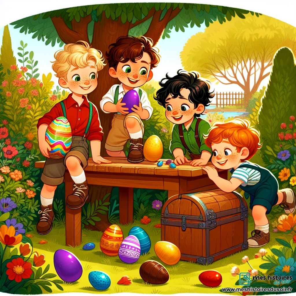 Dans un jardin ensoleillé, quatre garçons de six ans sont réunis autour d'une grande table en bois. Antoine, avec des cheveux bruns et bouclés, tient un œuf en chocolat décoré. À sa droite, Samir montre un œuf en plastique violet. À gauche, Lucas admire un œuf en chocolat doré. Enfin, Hugo cherche d'autres œufs dans un buisson. Le jardin est rempli de fleurs colorées et d'un grand chêne sous lequel se cache un coffre. Les garçons, en pleine chasse aux œufs de Pâques, rient et s'exclament, tandis que le soleil brille et que des oiseaux chantent.