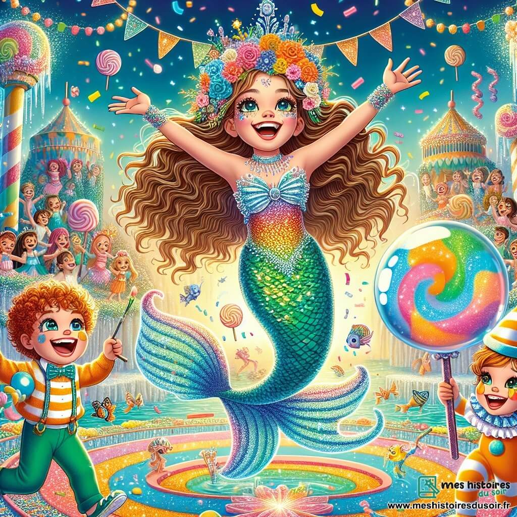 Au centre de l'image, Ana, une fille de 12 ans, rayonne de joie avec ses longs cheveux ondulés ornés de fleurs et un costume de sirène scintillant. Son sourire éclatant et ses yeux pétillants montrent son excitation alors qu'elle danse. À ses côtés, Lila, sa meilleure amie de 11 ans déguisée en poisson clown, rit aux éclats en tenant une bulle de savon géante. En arrière-plan, l'île aux couleurs est magique avec des arbres en bonbons et des rivières de limonade, créant une ambiance festive. Ana et Lila sont entourées d'enfants et de créatures magiques, dansant ensemble sous le regard bienveillant d'un nuage amical, ajoutant une touche de magie à cette célébration.