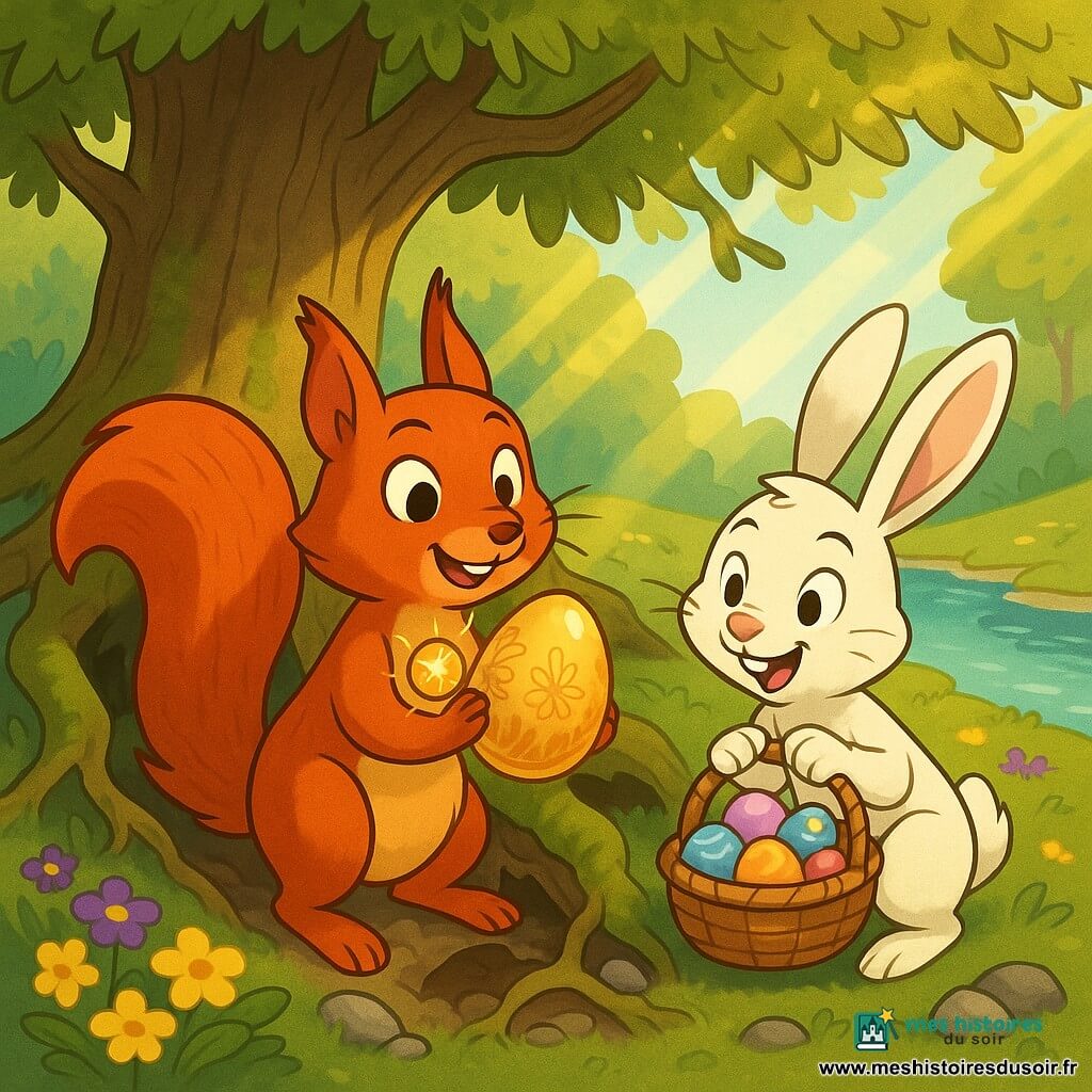 Zélie, un petit écureuil roux à la longue queue touffue, tient avec émerveillement un grand œuf doré décoré de motifs floraux tandis que Lou, un lapin blanc aux grandes oreilles roses, accroupi à ses côtés, tient un panier d’œufs colorés ; ils viennent de déterrer l’œuf sous la racine d’un vieux saule au bord d’un ruisseau clair, entourés de pierres luisantes, de tapis de primevères jaunes et violettes, la lumière du soleil filtrant entre les branches crée une atmosphère gaie et printanière aux couleurs vives.