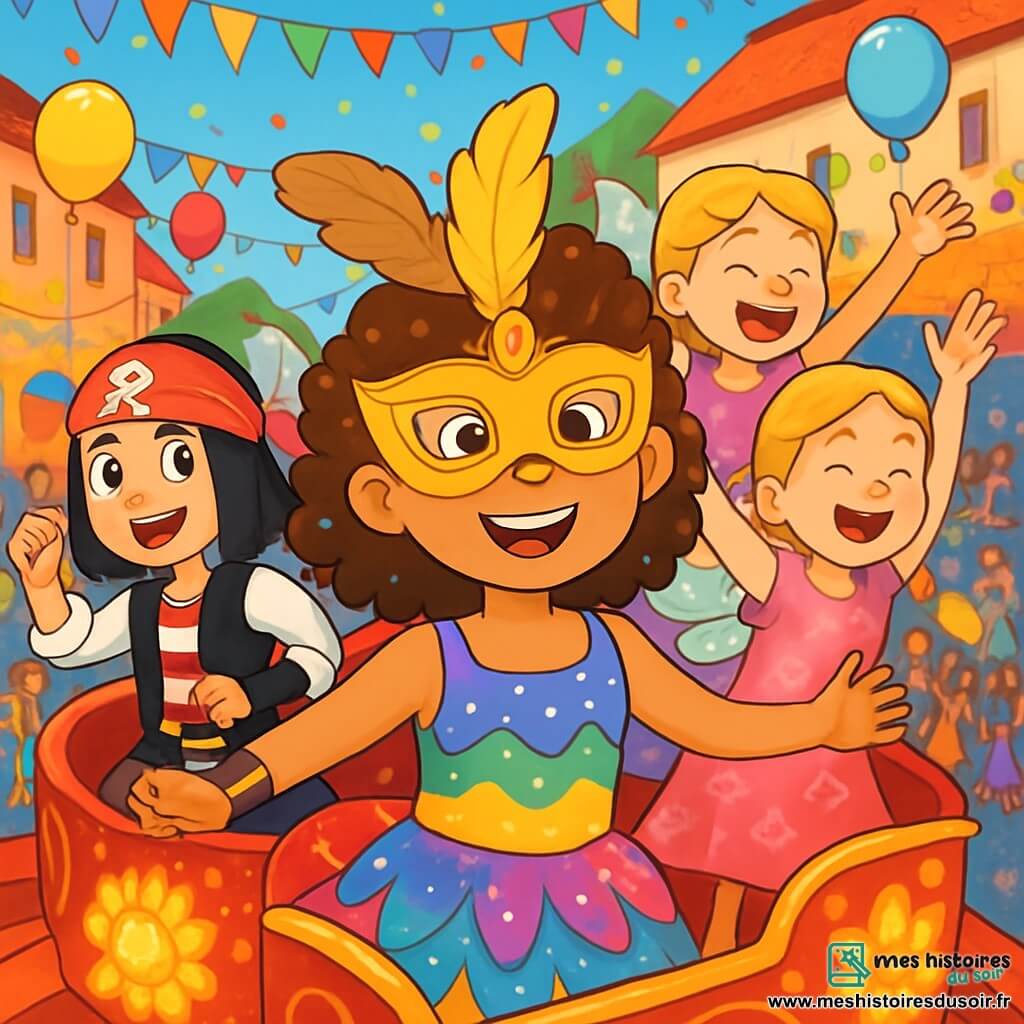 Quatre enfants participent à un carnaval : Zoé, 10 ans, avec des cheveux bruns bouclés, porte un costume coloré et un masque doré, souriante au centre ; Léa, également 10 ans, avec des cheveux blonds tressés, danse joyeusement à sa droite en robe rose ; Clara, 10 ans, à gauche de Zoé, habillée en pirate noir et rouge, fait un geste bravache ; Inès, 10 ans, derrière Zoé, vêtue d'un costume de fée scintillant avec des ailes brillantes, semble prête à s'envoler. Le carnaval se déroule dans une rue animée, décorée de guirlandes, de ballons et de lumières, avec des chars ornés de fleurs et des musiciens jouant des mélodies joyeuses. Les quatre amies, sur un char flottant, découvrent la magie de cette fête colorée, leurs visages illuminés par la joie et l'excitation.