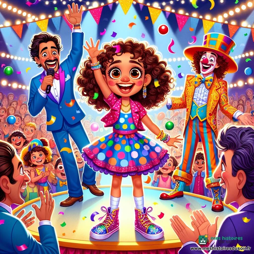 Lila, une fille de 12 ans aux cheveux châtains bouclés et aux yeux pétillants, se tient au centre de la scène, souriante, vêtue d'une robe à pois et de baskets scintillantes, entourée de confettis multicolores. À sa droite, Monsieur Loyal, un homme d'environ 40 ans en costume flamboyant avec un chapeau haut de forme, sourit en tenant un micro et salue le public. À gauche, Zozo, un clown d'une trentaine d'années avec un nez rouge, jongle avec des balles colorées tout en amusant la foule. Le chapiteau de cirque, aux couleurs vives et rempli de spectateurs émerveillés, crée une ambiance festive et magique alors que Lila active une clochette rieuse, déclenchant une pluie de confettis.