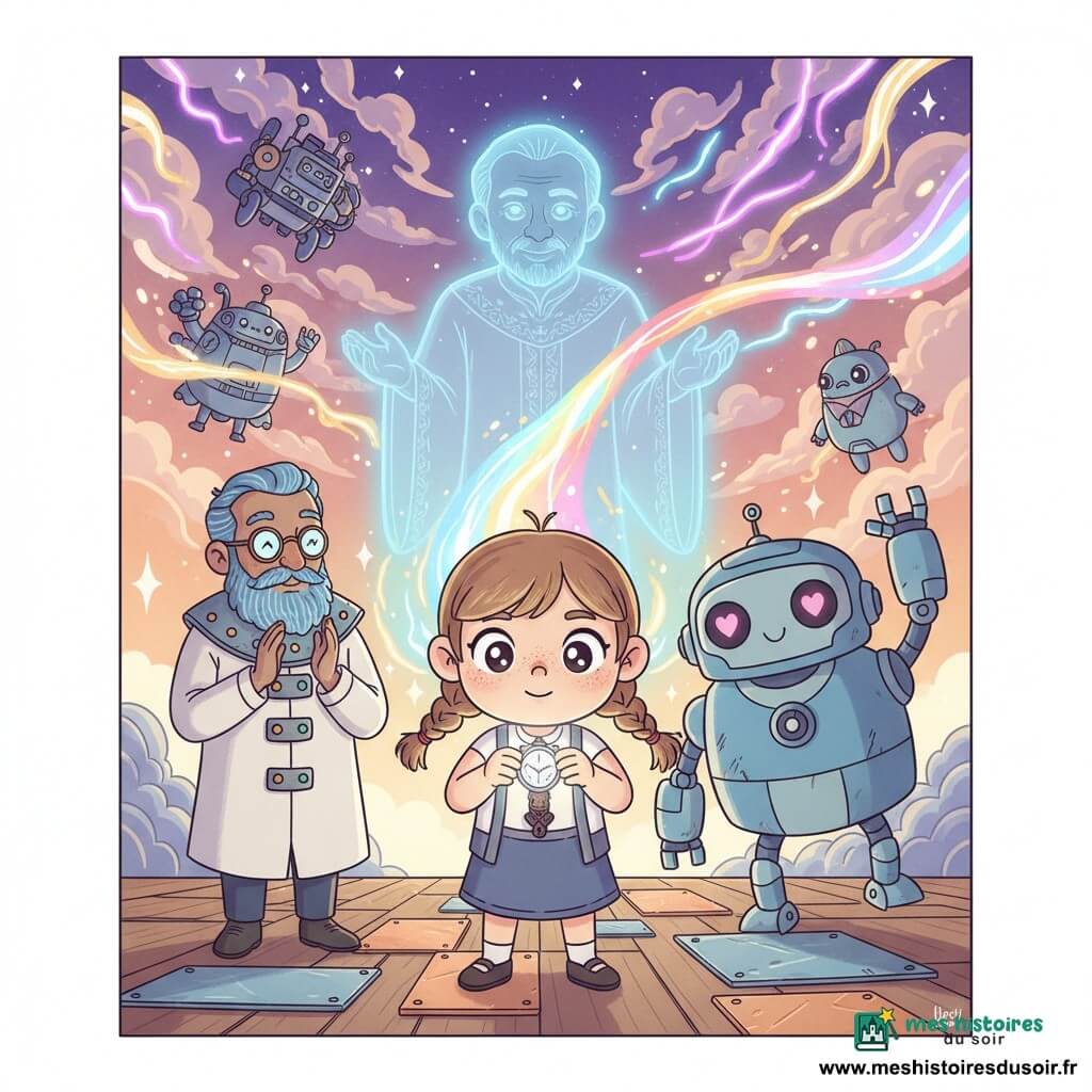 Fille de 10 ans au visage rond et taches de rousseur, couettes châtain clair, yeux grands et déterminés, tenant une montre-cristal lumineuse pointée vers le ciel ; derrière elle flotte en hologramme bienveillant le Chronomagicien d'environ 60 ans en robe brodée ; à gauche, un technomage d'environ 40 ans à la barbe électrique et lunettes rondes applaudit depuis une dalle de métal ; à droite, R3X, grand robot amical bleu aux yeux LED en forme de cœur, lève un bras en encouragement ; le champ de bataille transformé en scène mêle dalles de bois enchanté et plaques de cuivre, machines volantes et créatures magiques en arrière-plan ; la montre active une vague lumineuse formant un pont entre éclairs technologiques bleu-argent et volutes magiques rose-or, stoppant le combat ; ambiance aux couleurs pastel saturées, contours nets et lumières douces, composition centrée sur la fille, expression d’espoir et d’harmonie.