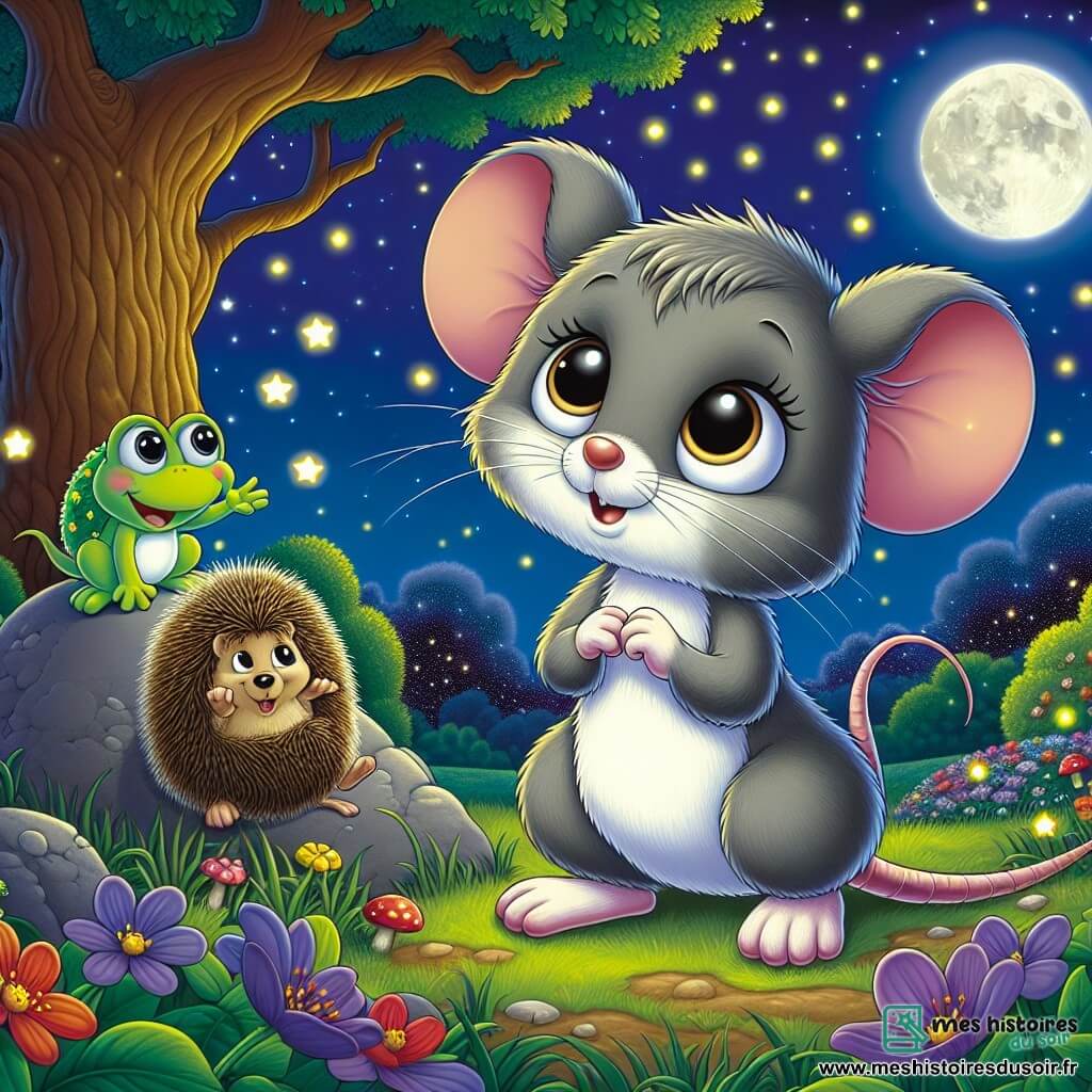 Illustration d'une petite souris grise, curieuse et un peu appréhensive, debout sur ses pattes arrière, admirant les étoiles dans le ciel nocturne. À ses côtés, un hérisson joyeux l'invite à le rejoindre, tandis qu'une grenouille verte aux taches jaunes saute sur une pierre, apportant du dynamisme à la scène. Le jardin enchanteur sous un grand chêne est rempli d'herbe verte et de fleurs colorées, éclairé par la lune qui crée des ombres dansantes. La souris surmonte sa peur du noir en découvrant la beauté de la nuit avec ses amis, prête pour une aventure magique. Des lucioles scintillantes et une ambiance chaleureuse ajoutent à la magie de la nuit.