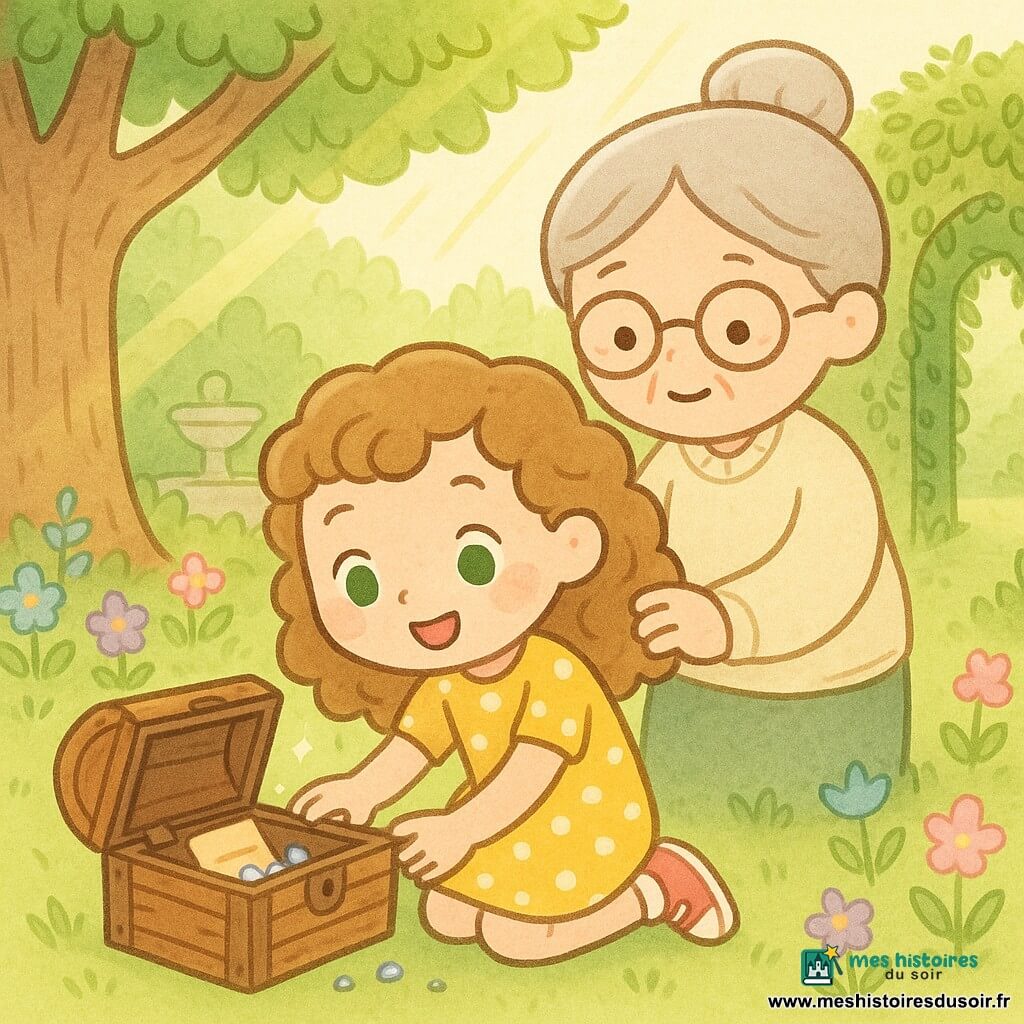 Fille de 8 ans émerveillée, cheveux bouclés châtain clair, yeux verts ronds, joues rosées, en robe jaune à pois blancs et baskets, agenouillée ouvrant un petit coffre en bois ancien; grand‑mère d'environ 70 ans, chaleureuse, cheveux gris en chignon, lunettes rondes et pull crème, se tient derrière, main sur l'épaule, sourire fier. Jardin luxuriant et lumineux avec herbe verte, fleurs colorées, vieux chêne, fontaine moussue et haie au passage secret couvert de lianes; coffre ouvert contenant quelques pierres brillantes et une vieille lettre parchemin, rayons de soleil filtrant, ambiance magique aux couleurs pastel, lignes simples et texture aquarelle légère.