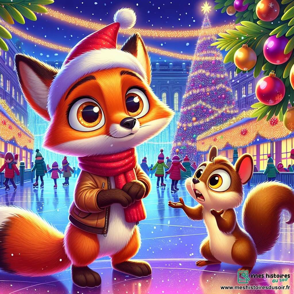 Un renard roux aux yeux curieux, portant un petit bonnet rouge, se tient au centre de la scène avec une expression déterminée. Il regarde autour de lui, prêt à partir à l'aventure pour sauver Noël. À sa droite, un écureuil brun, inquiet, gesticule sur une branche d'arbre, essayant d'expliquer la situation. Le décor est une place de ville illuminée par des guirlandes et un immense sapin décoré, entouré de flocons de neige. Des enfants patinent joyeusement sur une patinoire, tandis que des stands de marché de Noël offrent des friandises. La scène montre le renard prêt à chercher le traîneau du Père Noël, guidé par l'écureuil.