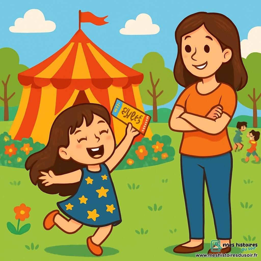 Léa, une petite fille de 6 ans aux longs cheveux bruns et aux yeux pétillants, porte une robe à motifs d'étoiles brillantes. Elle saute de bonheur, un sourire illuminant son visage, tenant un billet de cirque coloré. Sa maman, une femme d'une trentaine d'années avec des cheveux châtains, la regarde avec fierté, les bras croisés, sur le sol en herbe. Ils se trouvent dans un parc ensoleillé, près d'un grand chapiteau de cirque rouge et jaune, entouré de fleurs multicolores, où des enfants rient et jouent. Léa, pleine d'excitation, est prête à entrer dans le cirque pour découvrir un monde magique.