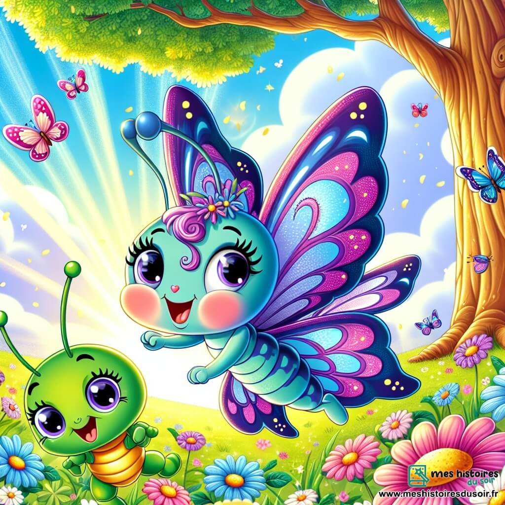 Un petit papillon nommé Lila, aux ailes bleu et violet, vole joyeusement au-dessus d'un grand chêne. Elle danse dans les airs, entourée de fleurs éclatantes et de rayons de soleil. À côté d'elle, un grillon vert vif, avec de grandes antennes et un sourire malicieux, saute sur une feuille, prêt à jouer. Le jardin est enchanteur, rempli de fleurs multicolores et d'une douce brise. Lila et ses amis s'amusent lors d'un pique-nique sous le chêne, partageant des miettes de pain et jouant ensemble, remplis de rires.
