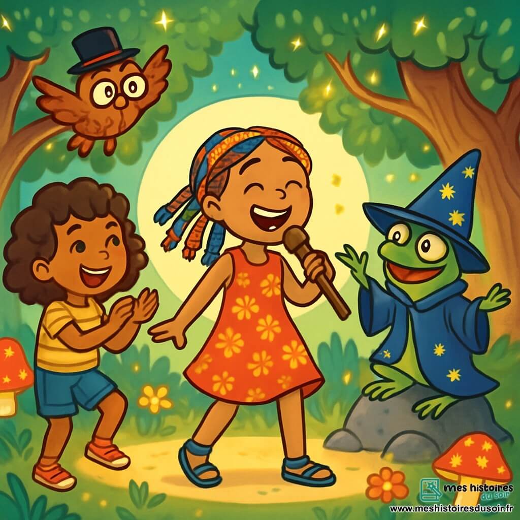 Quatre personnages se trouvent dans une clairière magique : Zélie, une fille de 10 ans avec des tresses colorées, souriante et pleine d'énergie, tient un bâton en bois comme un micro ; Lou, sa camarade aux cheveux bouclés, danse en rythme avec un t-shirt rayé et un short ; Sir Gobe-Sort, un crapaud en robe de magicien, fait des gestes théâtraux sur une pierre ; et Lord Plumetis, un hibou sage avec des lunettes, flotte au-dessus d'eux. La scène est illuminée par un cercle de lumière, entourée d'arbres tordus et de fleurs colorées qui dansent. Zélie et Lou chantent et dansent joyeusement pour résoudre l'énigme du dragon, tandis que Sir Gobe-Sort les encourage et Lord Plumetis les observe avec amusement, créant une ambiance ludique et magique.