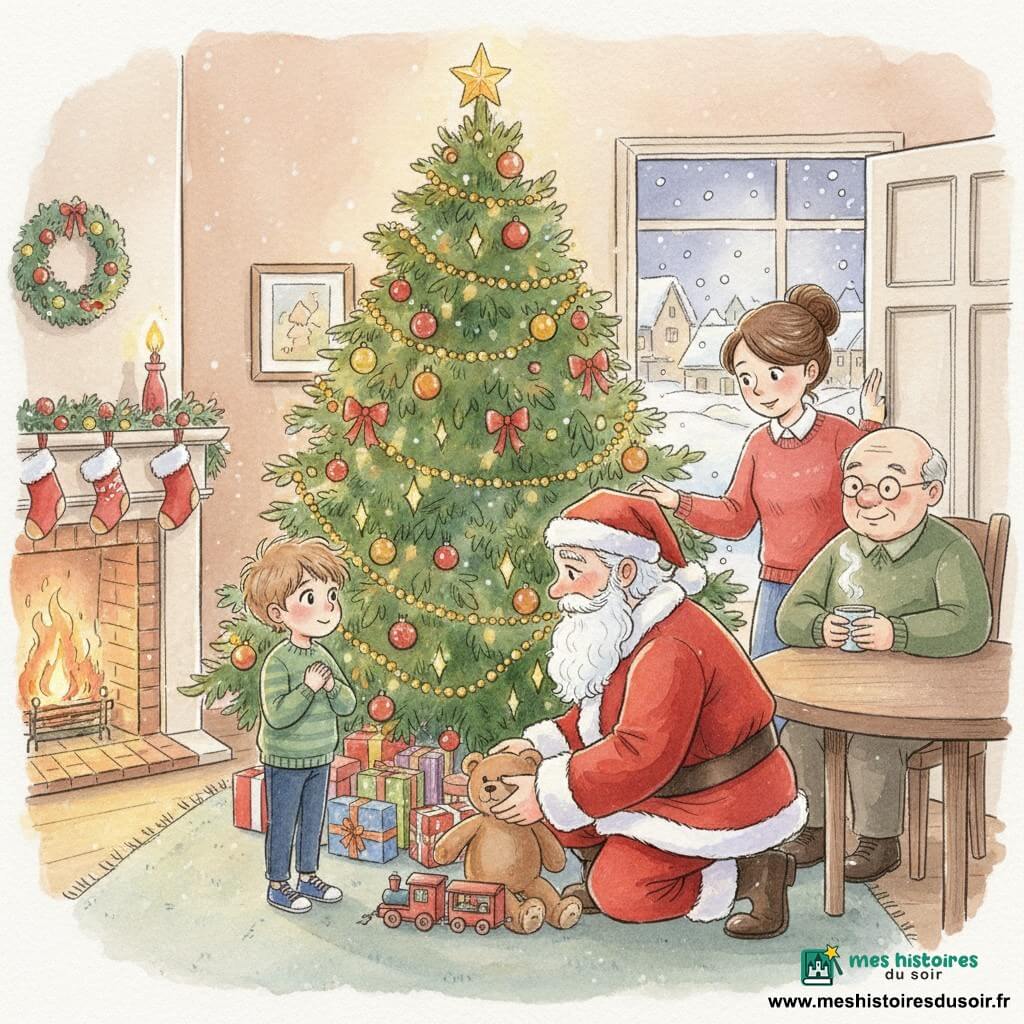 Lucas, 4 ans, émerveillé et timide, yeux brillants et cheveux châtain en bataille, se tient sur la pointe des pieds près d’un grand sapin décoré pendant que le Père Noël, robuste, barbe blanche et costume rouge, s’accroupit pour déposer un train en bois et un grand ours en peluche ; la mère Claire (30–35 ans), cheveux bruns en chignon, sourit depuis l’embrasure de la porte, M. Dupont (≈60 ans) est assis à une table avec une tasse fumante et un manteau posé sur une chaise, l’intérieur du salon est chaleureux avec cheminée allumée, guirlandes dorées, lumières jaunes et paquets colorés, la fenêtre montre le village enneigé et l’image a une texture aquarelle floutée avec détails nets au stylo gel blanc sur les reflets.