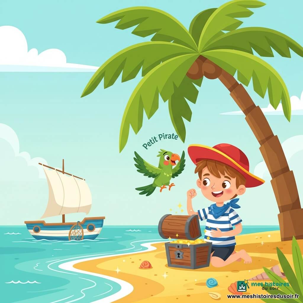 Un garçon d'environ 8 ans, cheveux châtain, chapeau rouge et bandana bleu, chemise rayée blanche et bleue, agenouillé sur une plage dorée, ouvre une petite boîte en bois à serrure étoile; un perroquet vert au bec orange vole au-dessus de son épaule droite en criant et regardant la boîte; un bateau bleu et blanc amarré à gauche, palmiers, coquillages et eau turquoise forment un décor ensoleillé; scène centrée sur la découverte du trésor, expressions de joie et couleurs vives.