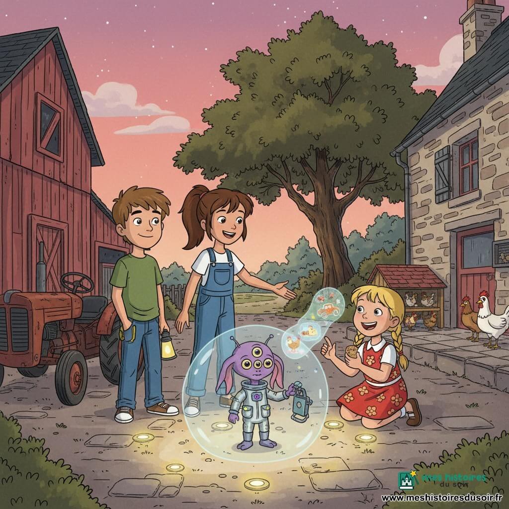 Quatre personnages dans la cour d'une ferme en pierres au crépuscule : Zoé (~9 ans) au centre, cheveux bruns en queue de cheval, salopette en jean bleue, souriante, tend la main vers l'extraterrestre ; Tom (~10 ans) à gauche, cheveux châtain courts, T‑shirt vert, main sur un vieux tracteur, lampe torche à la poche, regard curieux ; Lila (~8 ans) à droite, cheveux blonds en nattes, robe rouge à fleurs, accroupie et riant, offrant des biscuits ; Zib, petit extraterrestre violet à trois yeux et longues oreilles, en combinaison argentée à poches lumineuses, tenant une bulle brillante et projetant des hologrammes depuis un projecteur de poche posé sur un tapis solaire lumineux. La ferme présente une vieille grange rouge à gauche, un poulailler en pierres à droite avec poules, un grand chêne au fond et une terrasse de pierres ; ciel rosé étoilé et lampes solaires formant un chemin lumineux vers la bulle ; ambiance chaleureuse et émerveillée, éclairage doux et couleurs saturées, hologrammes de poules et de tracteur flottant au‑dessus.