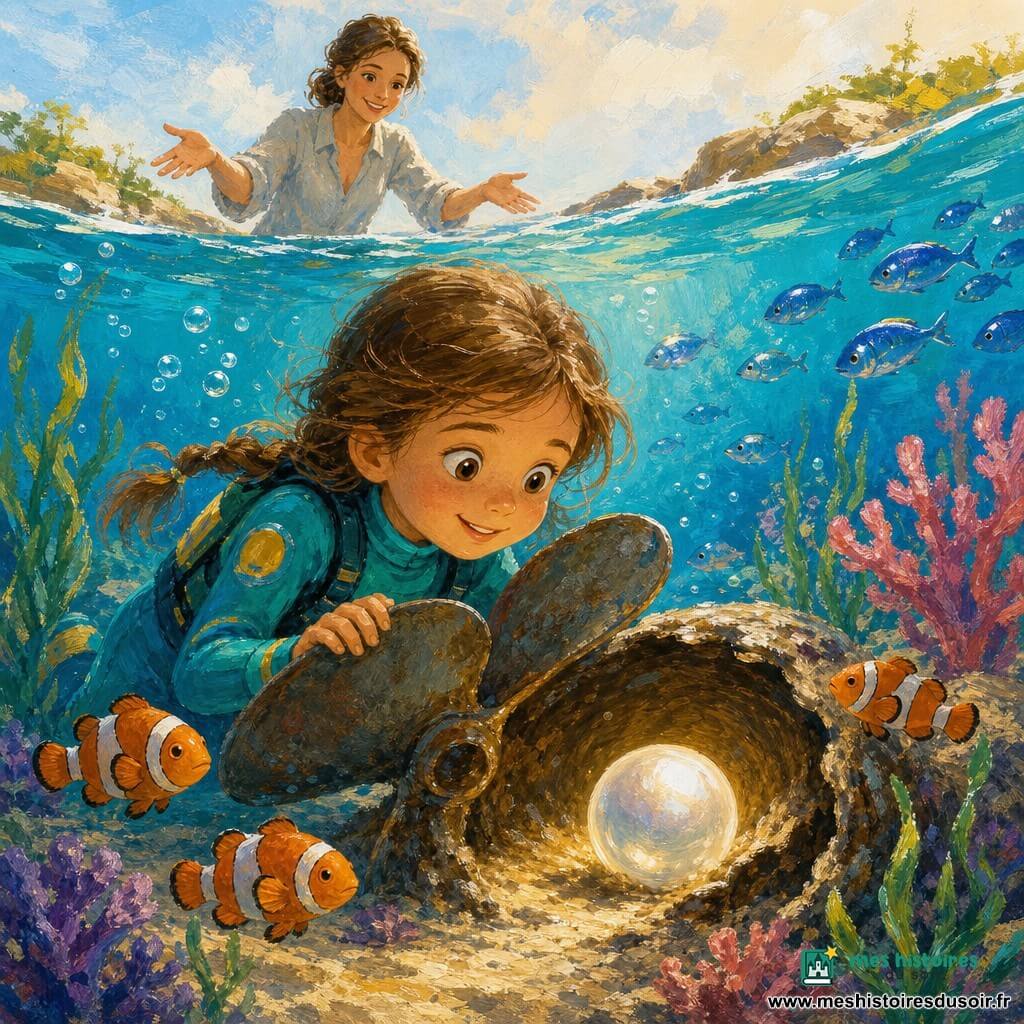 Une fillette de 6 ans, émerveillée et souriante, cheveux châtain clair en tresses et yeux curieux, porte une combinaison de plongée turquoise à patchs jaunes et se penche derrière une hélice rouillée pour contempler une grande perle irisée dans une petite grotte ; une femme adulte (sa mère, 30–35 ans) apparaît en arrière-plan, cheveux attachés et regard bienveillant, près de la surface au bord de l'eau, bras légèrement levés pour encourager. Autour d'elles, des poissons colorés (poissons-clowns orange et blanc, bancs bleus) tourbillonnent, coraux roses et violets en forme d'arbres, algues vertes ondulantes et bulles montent vers la surface sur un sable pâle. Scène de découverte sous-marine douce et sûre, lumière dorée filtrant dans l'eau, ambiance magique et sereine. Style : peinture acrylique texturée, coups de pinceau visibles, palette lumineuse de turquoises, roses corail, jaunes chauds et blancs nacrés.
