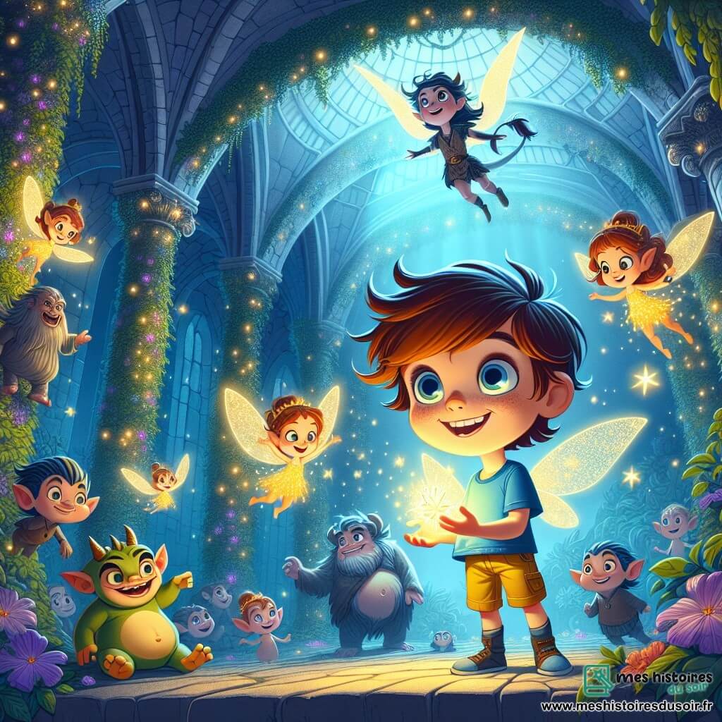 Un garçon de 8 ans, Léo, aux cheveux châtains en bataille et aux yeux curieux, se tient au centre de la scène avec un sourire émerveillé. Il porte un t-shirt bleu et un short jaune, tenant un cristal lumineux qui irradie une douce lumière dorée. À ses côtés, Clochette, une fée délicate avec des ailes scintillantes, vole joyeusement autour de lui, ses yeux brillants d'excitation. En arrière-plan, Gribouille, une gargouille majestueuse, sourit en observant la scène. L'action se déroule dans une caverne magique éclairée par des cristaux luminescents, avec des murs recouverts de lierre et de fleurs colorées, créant une atmosphère féerique. Léo, Clochette et Gribouille célèbrent leur victoire après avoir trouvé le cristal de lumière, illuminant la caverne d'une magie éclatante, tandis que des rires résonnent dans l'air enchanté.