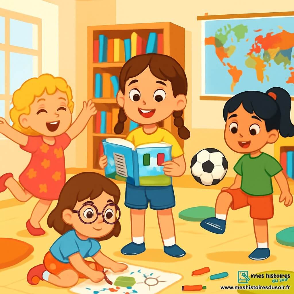 Quatre enfants sont présents : Zoé, 8 ans, cheveux bruns en tresses, t-shirt jaune et short bleu, debout au centre avec un livre sur l'Italie ; Léa, 9 ans, cheveux blonds bouclés, robe rose à fleurs, à gauche de Zoé, dansant comme un flamenco ; Inès, 8 ans, cheveux noirs en queue de cheval, t-shirt vert et pantalon court, à droite de Zoé, jonglant avec un ballon de foot ; Mia, 7 ans, cheveux châtains et lunettes, t-shirt bleu clair et jupe à pois, assise au sol en train de dessiner. La scène se déroule dans une salle lumineuse du centre de loisirs, décorée de cartes du monde et de livres colorés, avec une ambiance joyeuse et créative, illustrant l'esprit d'aventure et d'amitié.