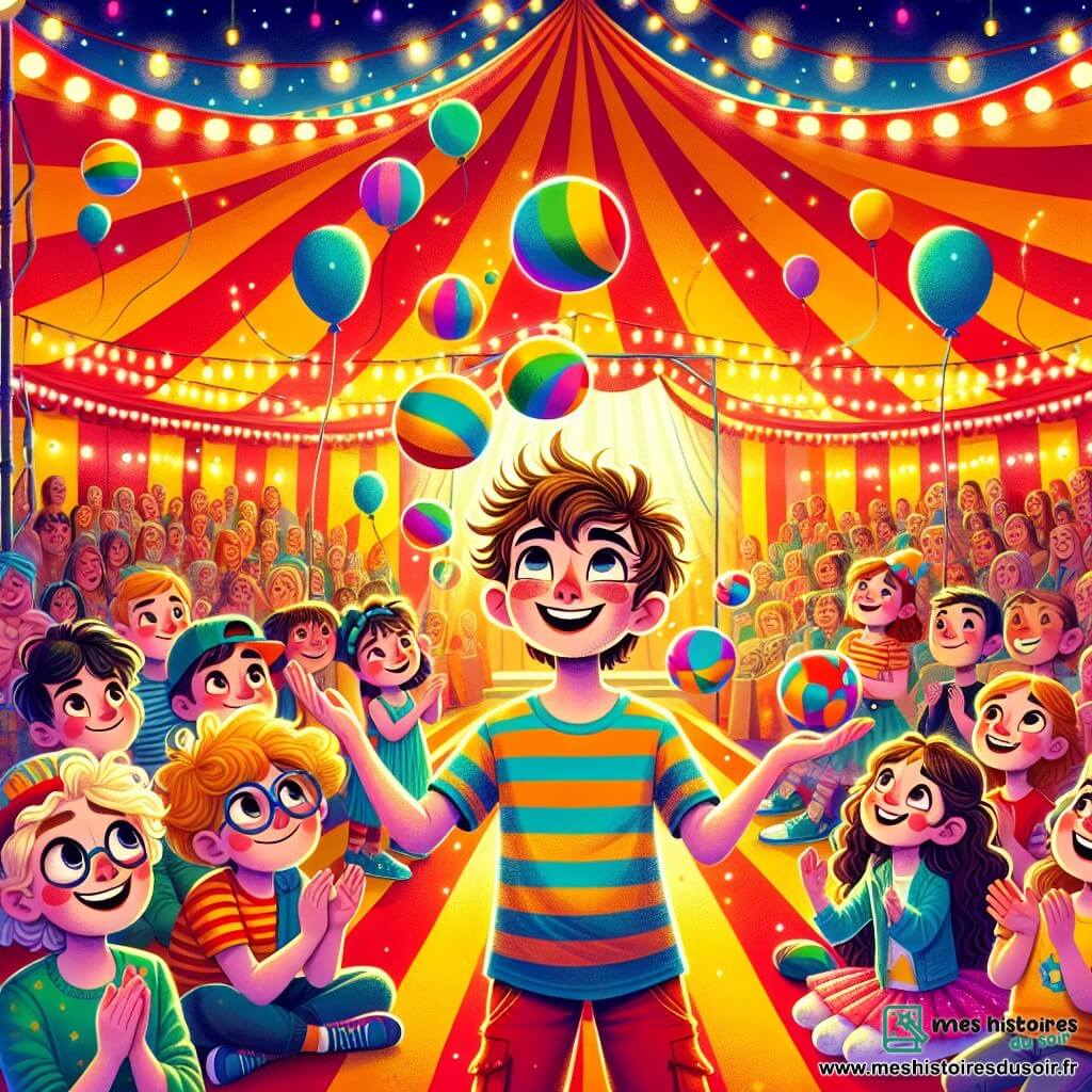 Au centre de l'image, Lucas, un garçon de 11 ans avec des cheveux bruns en bataille et une casquette à l'envers, jongle avec des balles colorées, affichant joie et concentration. À sa droite, Lucie, une fille aux cheveux bouclés et lunettes rondes, applaudit, tandis qu'à sa gauche, Max, un garçon blond, rit en tenant une grande boule colorée. Emma, une petite fille énergique, se tient en arrière-plan, souriante, dans un tutu rose. Le décor est un chapiteau de cirque aux couleurs vives, avec des lumières scintillantes et des ballons flottants, tandis qu'un public émerveillé les observe. La scène montre Lucas en pleine performance, entouré de ses amis qui l'encouragent, créant une atmosphère joyeuse et magique.