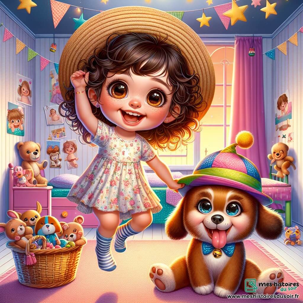 Lila, une petite fille de 4 ans aux grands yeux brillants et aux cheveux châtains bouclés, se tient au centre d'une chambre colorée. Elle porte une robe à fleurs et des chaussettes rayées, riant aux éclats avec un chapeau de paille sur la tête. À ses côtés, son petit chien Titi, un adorable chien marron, porte un chapeau de clown. Titi, avec sa langue tirée, semble prêt à sauter dans un panier à jouets rempli de peluches. La chambre est décorée de murs pastel et d'étoiles en papier accrochées au plafond, créant une ambiance magique. Lila et Titi s'amusent dans un concours de saut, ajoutant une touche de comédie à leur aventure.