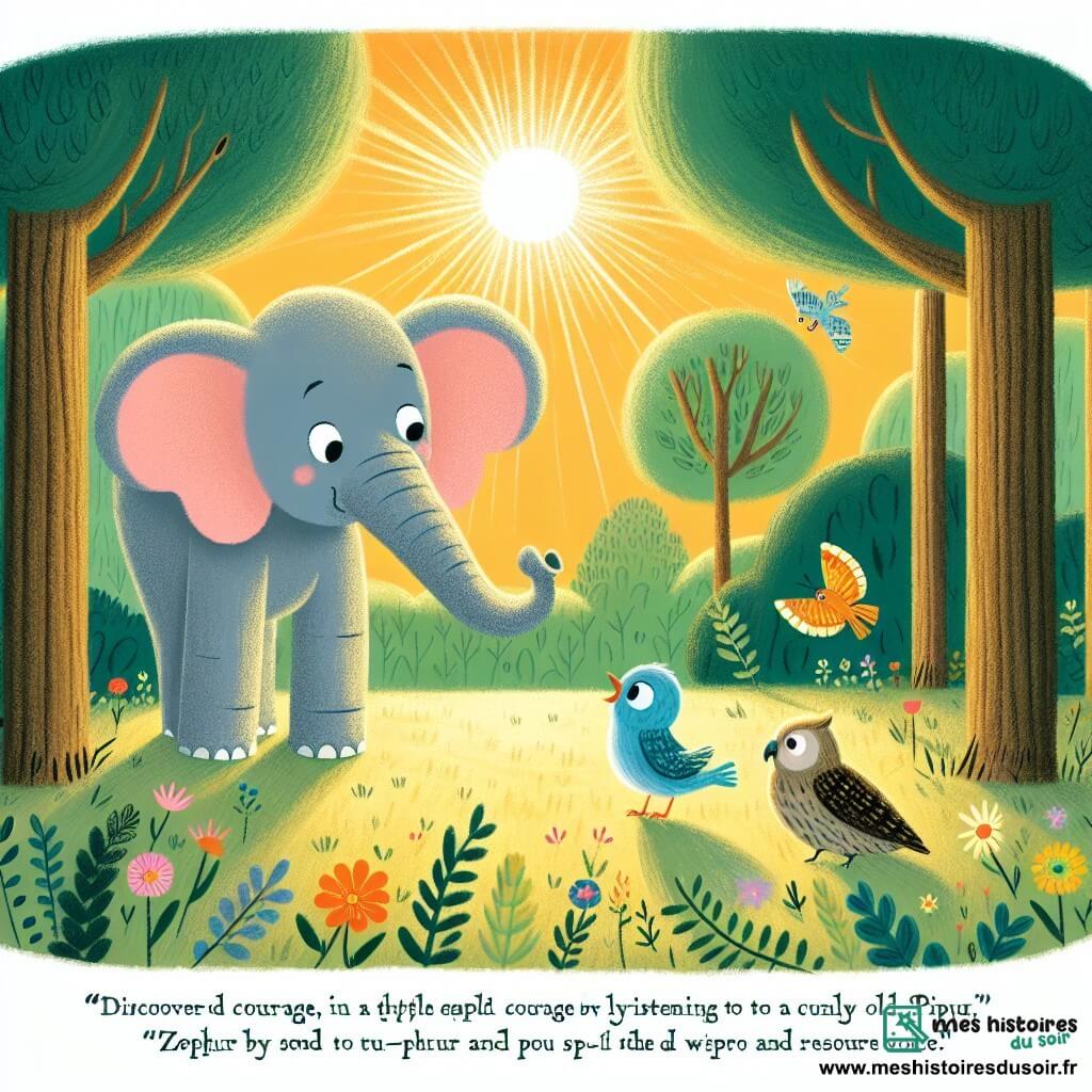 Un éléphant majestueux nommé Zéphyr, avec de grandes oreilles roses et une trompe grise, se tient au centre d'une clairière ensoleillée, affichant une expression de curiosité et de joie. À ses côtés, un petit oiseau bleu nommé Piu-Piu vole joyeusement autour de lui. La clairière est entourée d'arbres verts et de fleurs colorées, baignée par la lumière dorée du soleil couchant. Zéphyr écoute attentivement le vieux hibou sage, Sagesse, qui lui parle avec une voix douce. Zéphyr découvre le courage en écoutant les conseils de Sagesse, entouré de la beauté magique de la forêt.