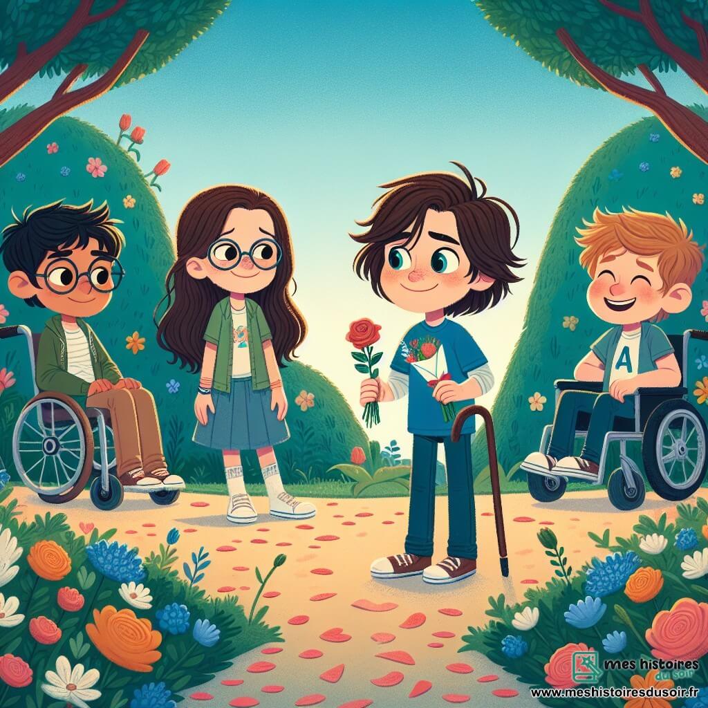 Dans un parc enchanteur, quatre personnages se distinguent : Léo, un garçon de 11 ans souriant avec une lettre d'amour ; Clara, une fille de 10 ans avec des lunettes, regardant Max avec un sourire timide ; Max, également âgé de 11 ans, tenant un bouquet de fleurs, et Sam, un garçon de 10 ans en fauteuil roulant, riant avec un chapeau de fête. Le parc, orné de fleurs colorées et d'un grand chêne, crée une ambiance magique avec des oiseaux chantants et des papillons dansants. La scène principale montre Léo, Clara et Max, alors que Max lit la lettre d'amour de Clara, entourés d'amis, célébrant l'amour et l'amitié dans une atmosphère joyeuse.