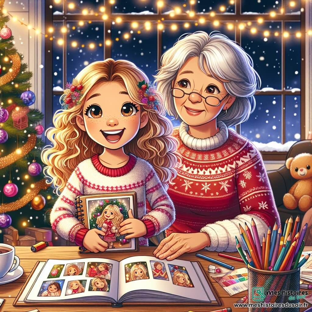 Une fillette de 9 ans, Clara, aux cheveux bouclés et dorés, avec des yeux pétillants de joie, est assise à son bureau en bois, entourée de feuilles colorées et de crayons. Elle sourit en tenant un livre fait main rempli de photos et de dessins, prête à le montrer à sa grand-mère. Sa grand-mère, âgée d'environ 70 ans, avec des cheveux gris et un visage doux, est assise près du sapin de Noël, émue en découvrant le livre de Clara. Le salon est chaleureux, décoré de guirlandes lumineuses et d'un grand sapin de Noël orné. Des flocons de neige tombent doucement à l'extérieur, créant une atmosphère magique. Clara présente son livre à sa grand-mère, émerveillée par les souvenirs et les illustrations, remplissant l'air d'amour et de magie de Noël.
