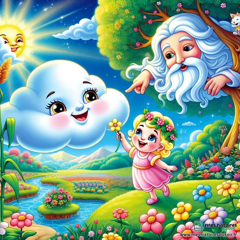 Petit Nuage, un nuage doux et moelleux, flotte joyeusement dans le ciel bleu, souriant. À côté de lui, Roseau, une petite fleur rose, se dresse sur une tige verte, curieuse et joyeuse, encourageant Petit Nuage à explorer. En arrière-plan, Sage Arbre, un arbre majestueux, affiche un visage sage et bienveillant, ses racines dans un jardin coloré où des fleurs dansent sous la brise. La scène se déroule dans un jardin enchanteur, avec un ruisseau scintillant et un ciel bleu parsemé de nuages blancs. Petit Nuage écoute attentivement les conseils de Roseau et Sage Arbre, prêt à apprendre des leçons sur la vie et l'amitié.