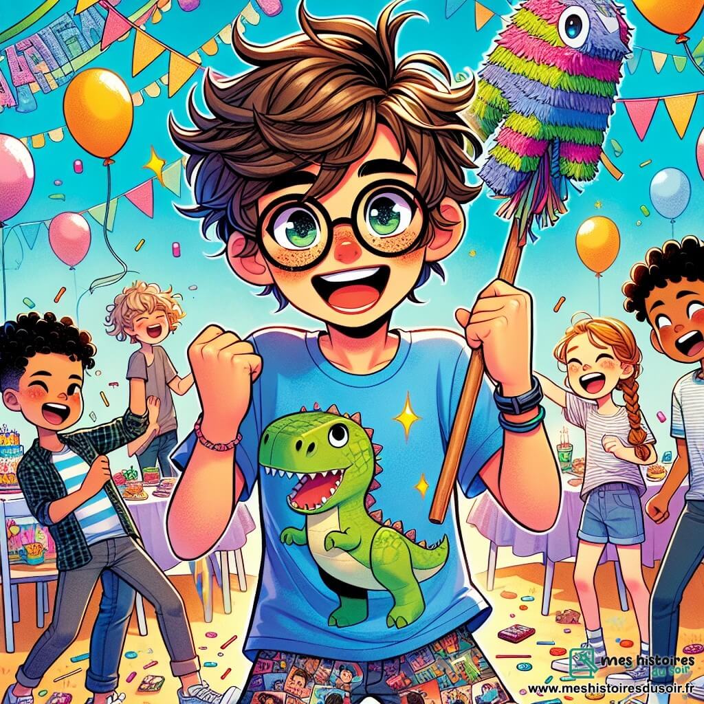 Un garçon de 12 ans, Victor, avec des cheveux bruns en bataille et des lunettes rondes, sourit avec des yeux pétillants d'excitation. Il porte un t-shirt bleu avec un dinosaure et un short coloré, au centre d'une salle polyvalente décorée de guirlandes et de ballons, tenant une grande enveloppe remplie de mots doux de ses amis. À sa droite, Malik, un garçon aux cheveux noirs et lunettes carrées, rit en tenant une piñata en forme de dinosaure. À sa gauche, Chloé, une fille de 11 ans avec des cheveux blonds tressés, ajuste une guirlande en papier. La salle est remplie de tables avec des bonbons, des gâteaux et des décorations festives, tandis que des enfants rient et dansent, créant une ambiance joyeuse. Victor célèbre son anniversaire entouré de ses amis, illustrant le bonheur et l'amitié lors de cette fête mémorable.