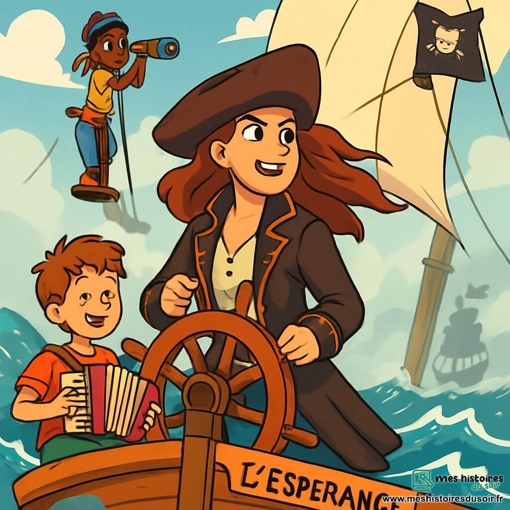 La Capitaine Morgane, une femme courageuse d’une trentaine d’années, se tient fièrement à la barre de son navire « L’Espérance ». Ses longs cheveux bruns volent au vent, et son visage exprime une détermination éclatante. Elle porte une veste de pirate en cuir ornée de broderies dorées et un chapeau à large bord, scrutant l’horizon avec concentration. À ses côtés, Timothée, un mousse de 12 ans, joue de l’accordéon, ses joues rouges de l’effort. Fatou, la vigie de 15 ans, se tient en haut du mât, observant avec une lunette, prête à alerter l’équipage. Le navire navigue à travers une mer tumultueuse, avec des vagues hautes et une brume épaisse, tandis qu’un pavillon noir annonce l’arrivée du « Requin d’Argent ». Morgane, déterminée, tient fermement la barre, prête à affronter le navire ennemi, tandis que son équipage s'active autour d'elle.