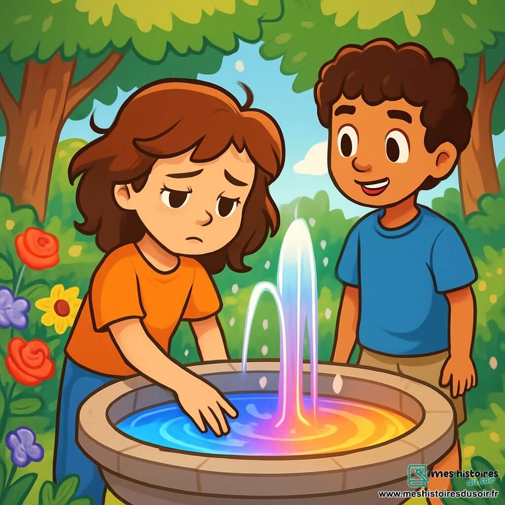 Émilie, une fille de 10 ans aux cheveux châtains et aux yeux pétillants, se tient près d'une fontaine magique, exprimant une douce mélancolie. Elle touche l'eau scintillante, observant les reflets lumineux. À ses côtés, Julien, un garçon de 10 ans aux boucles brunes et au sourire chaleureux, l'encourage. Le jardin est rempli de fleurs éclatantes et d'arbres majestueux. Émilie et Julien discutent des émotions d'Émilie, tandis que la fontaine change de couleur selon ses sentiments, créant une atmosphère paisible et magique.