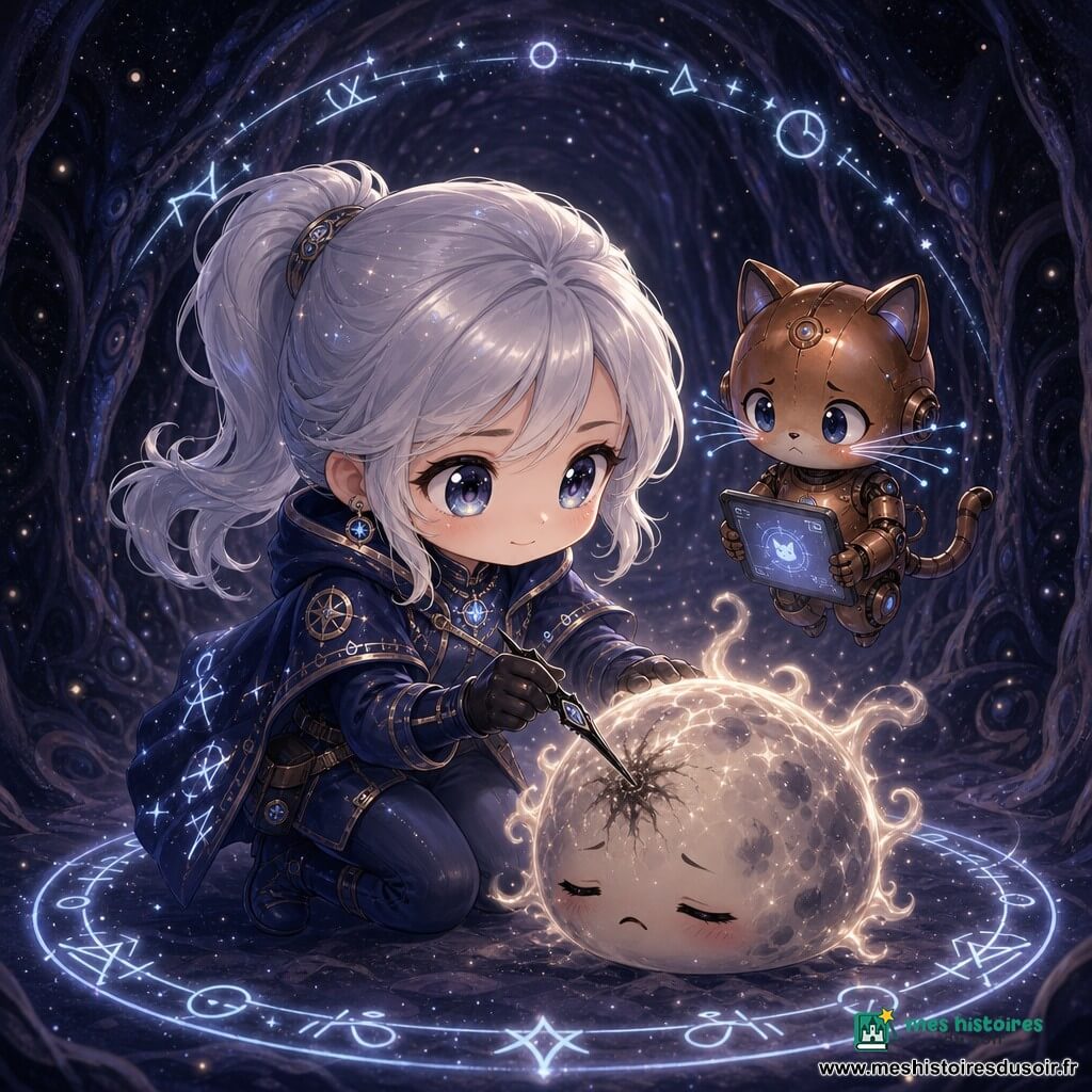 Lyra Nacréa, diplomate au visage déterminé et doux, yeux grands et brillants, cheveux argentés en queue de cheval, en tenue d’exploratrice spatiale bleu nuit ornée de runes lumineuses, tend la main pour arracher une fine aiguille noire plantée au cœur d’une petite étoile malade ; Orbi, esprit-mécanique cuivré ressemblant à un chat, moustaches en fibres optiques scintillantes, expression inquiète mais courageuse, flotte derrière elle en tenant une tablette lumineuse. L’étoile, petite et ronde, a une peau de feu pâle tachée de cendre grise, yeux fermés en attente douloureuse et émet de faibles halos argentés. La scène se déroule dans le Couloir du Silence, tunnel spatial indigo et gris aux murs veloutés et poussière d’étoiles en suspension, ambiance muette ; des runes bleu pâle forment un cercle protecteur autour d’eux, contrastant l’obscurité froide de l’aiguille et la chaleur fragile de l’étoile. Style : couleurs pastel profondes, traits ronds et mignons, expressions tendres et légèrement exagérées, éclairage doux centré sur l’étoile et les runes, composition claire pour enfants.