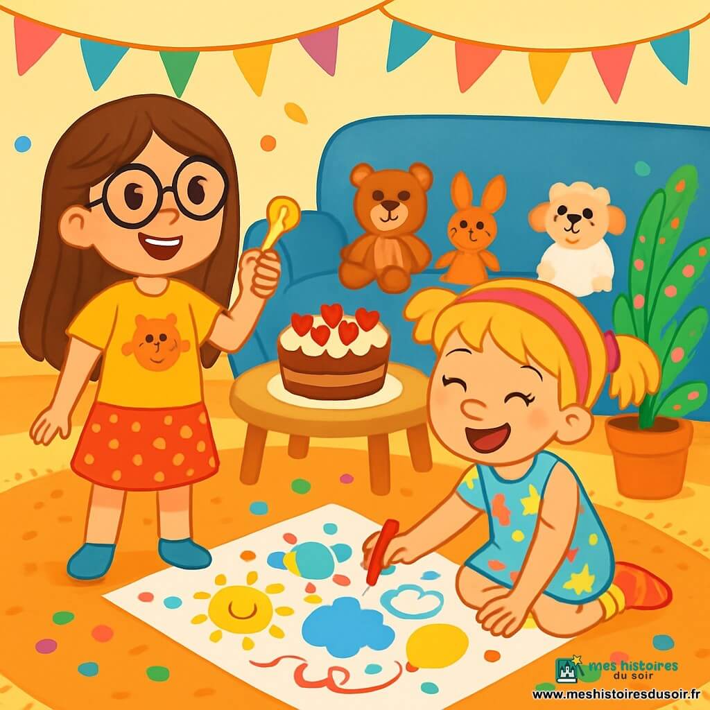 Il y a deux personnages principaux : Lila, une fille de 7 ans avec de longs cheveux bruns, des lunettes rondes, un t-shirt jaune avec un dessin de chat et une jupe à pois, qui tient un sifflet jaune ; et Zoé, également âgée de 7 ans, avec des cheveux blonds en couettes, un bandeau rose, une robe à fleurs et des chaussettes rayées, assise par terre, entourée de gommettes colorées et dessinant sur une grande affiche. L'action se déroule dans un salon chaleureux avec un tapis moelleux, un canapé bleu, des guirlandes de papier coloré, une plante verte nommée Fernand décorée de confettis, des doudous sur le canapé et un gâteau moelleux décoré de fraises et de chocolat. Lila et Zoé préparent leur Fête du Salon, riant ensemble dans un environnement coloré, prêtes à accueillir leurs amis pour une journée de rires et de jeux.