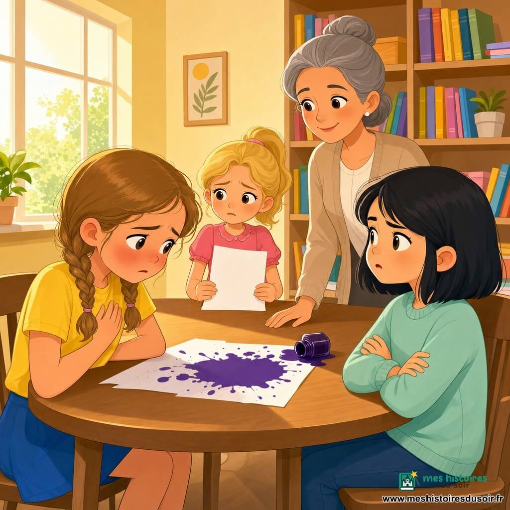 Quatre personnages dans une petite salle de soutien scolaire lumineuse : Lila, 9 ans, cheveux châtain clair en deux tresses, t-shirt jaune et jupe bleue, assise à gauche de la table, le visage rouge de honte et la main sur la poitrine en confessant ; Nora, 9 ans, cheveux noirs au carré, pull vert menthe, assise à droite, bras croisés et visage blessé mais ferme ; Manon, 9 ans, cheveux blonds en couette, robe rose, derrière la feuille tachée, main sur une nouvelle feuille blanche, soulagée ; Mme Bouchard, une femme d'environ 50 ans aux cheveux gris en bun et gilet beige, debout près de la bibliothèque, une main apaisante sur la table ; au centre une table en bois clair avec une grande tache d'encre violette sur une feuille, étagère de livres colorés et fenêtre laissant entrer une lumière chaude, pots de crayons et boîte d'encre renversée, compositions centrée sur les visages et la table, couleurs vives, lignes nettes, style vectoriel petit format livre jeunesse.