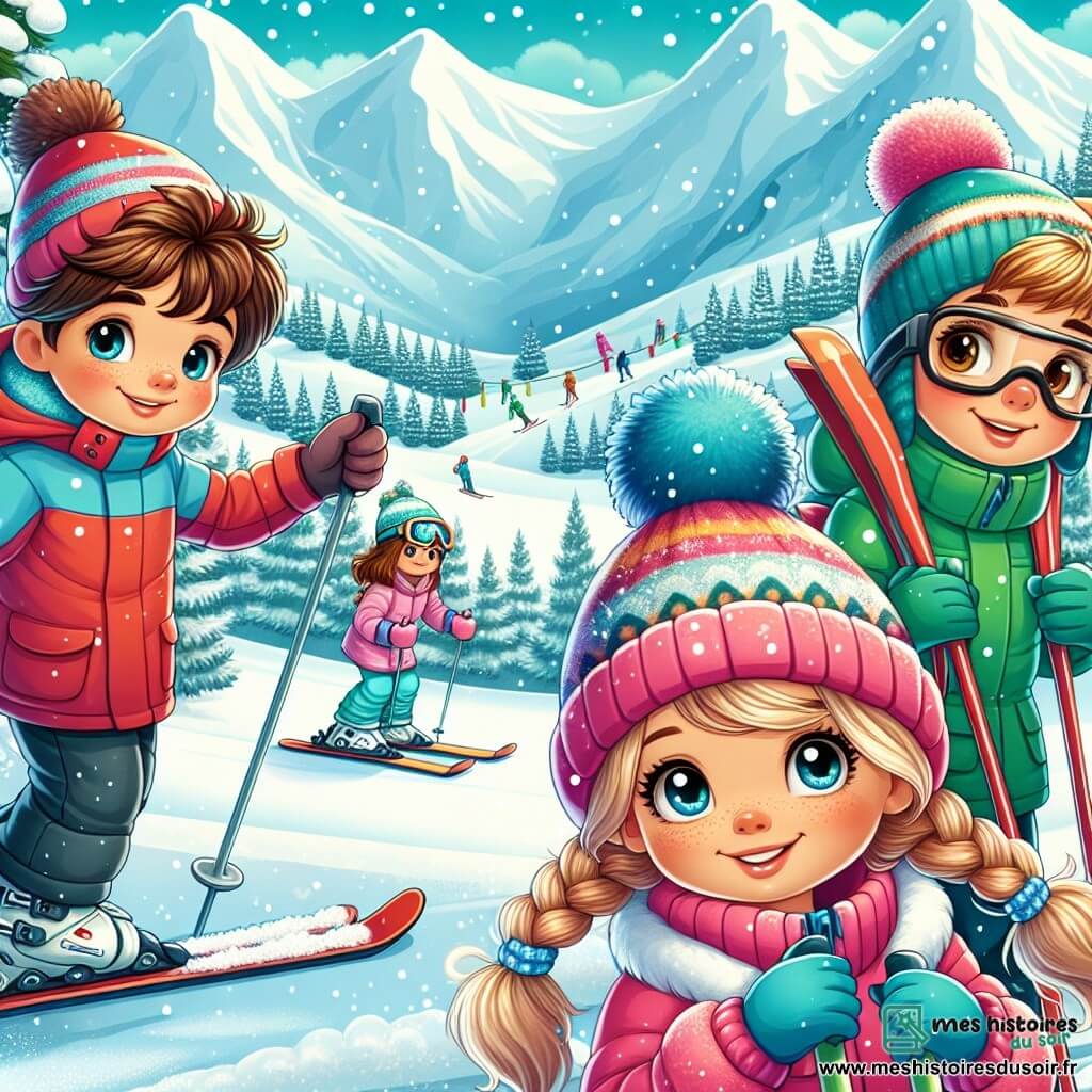 Pierre, un garçon de 8 ans aux cheveux bruns en bataille et aux yeux curieux, se tient sur une pente enneigée, souriant largement. Il porte un manteau rouge, un bonnet bleu et des gants colorés, tenant des skis sous ses bras, prêt à dévaler la montagne. À ses côtés, Julie, sa camarade aux cheveux blonds tressés et lunettes, ajuste ses skis avec concentration, vêtue d'une combinaison rose et d'une écharpe blanche, affichant excitation et nervosité. En arrière-plan, Maxime, un garçon aux cheveux châtains et joues rosies, rit en tombant dans la neige, vêtu d'une veste verte et d'un bonnet à pompon. Le décor est une station de ski magnifique, avec des montagnes enneigées et un ciel bleu clair, où des enfants s'amusent sur les pentes. Pierre et ses amis sont prêts à skier pour la première fois, impatients de vivre leur aventure.