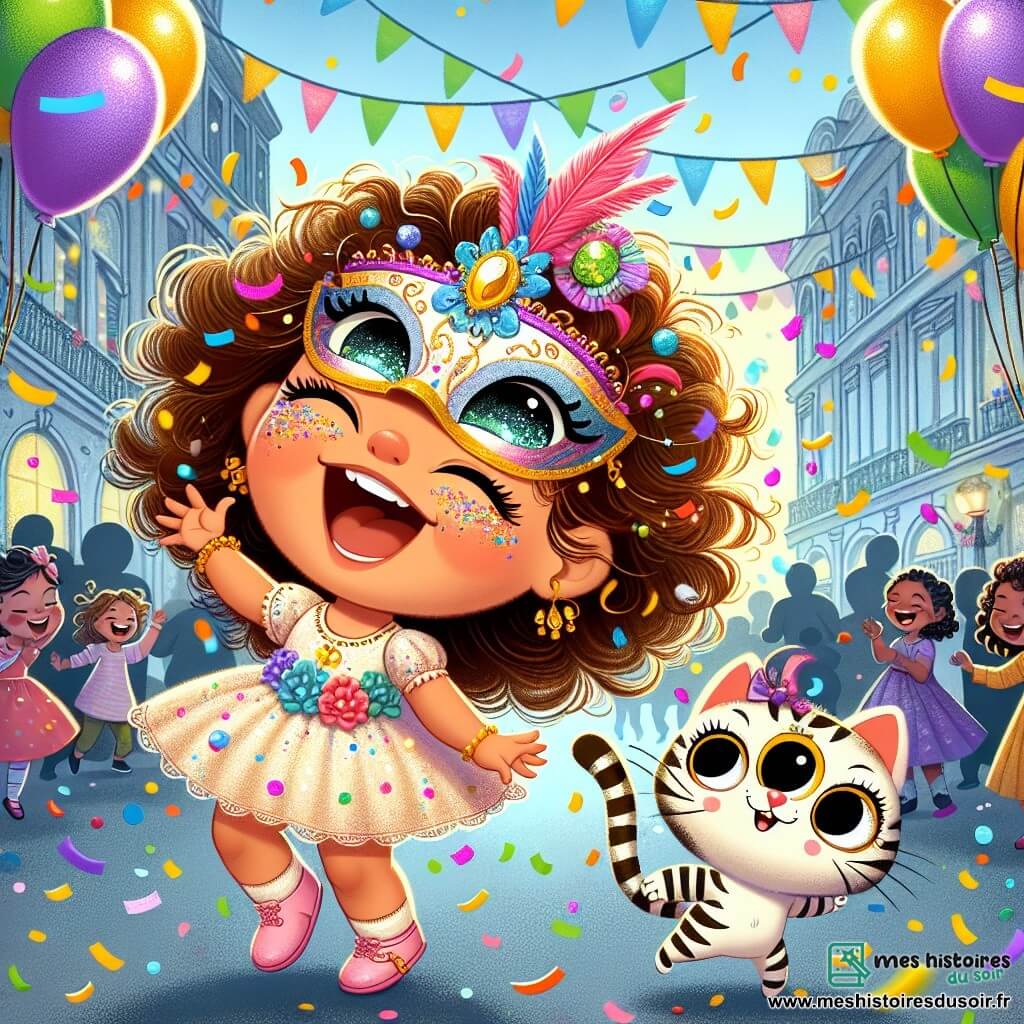 Une petite fille de 1 an, Lila, avec de grands yeux pétillants et un sourire radieux, porte un masque coloré orné de paillettes. Elle danse joyeusement au milieu d'une pluie de confettis, ses cheveux bouclés flottant autour d'elle. À côté, un petit chat tigré aux yeux malicieux saute en tournant sur lui-même, ajoutant de la magie à la scène. En arrière-plan, une rue animée est décorée de ballons multicolores sous un ciel bleu, tandis que des enfants et des adultes rient et dansent, créant une atmosphère festive. La scène montre Lila et le chat dansant ensemble, entourés de confettis et de sourires, capturant l'esprit enjoué du carnaval.